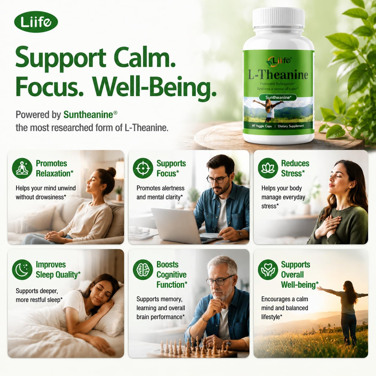 LIIFE L-Theanine (Suntheanine®) with GABA, Magnesium & Black Pepper – 60 Veggie Capsules