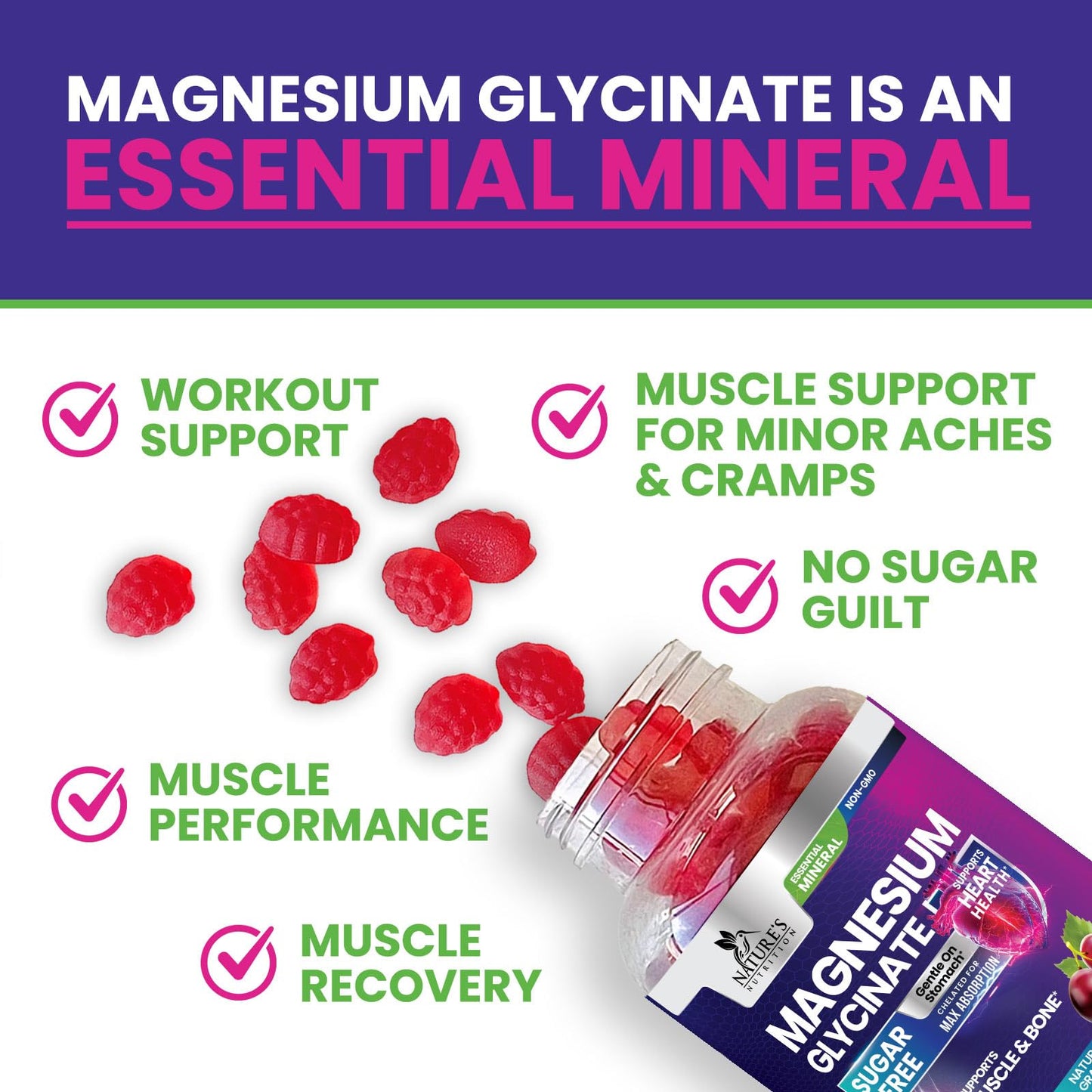 Nature's Nutrition Magnesium Glycinate Supplement Gummies, 60 Gummies