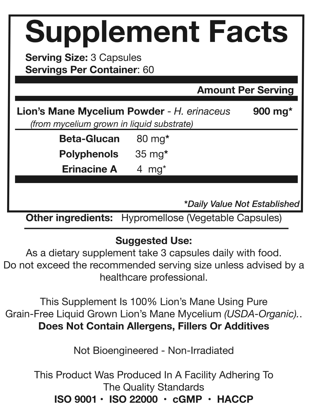ORIVeDA Lion’s Mane Organic Mushroom Extract Capsules 120 Count