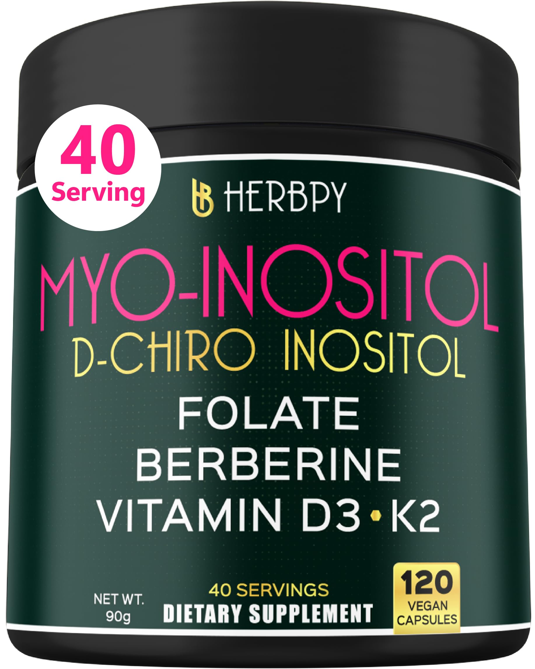 Herbpy 6in1 Premium 40:1 Myo-Inositol & D-Chiro Inositol Supplement for Women with Folate, Berberine HCl 97%, Vitamin D3 & K2, Hormonal Balance & Ovarian Health Support, 120 Capsules