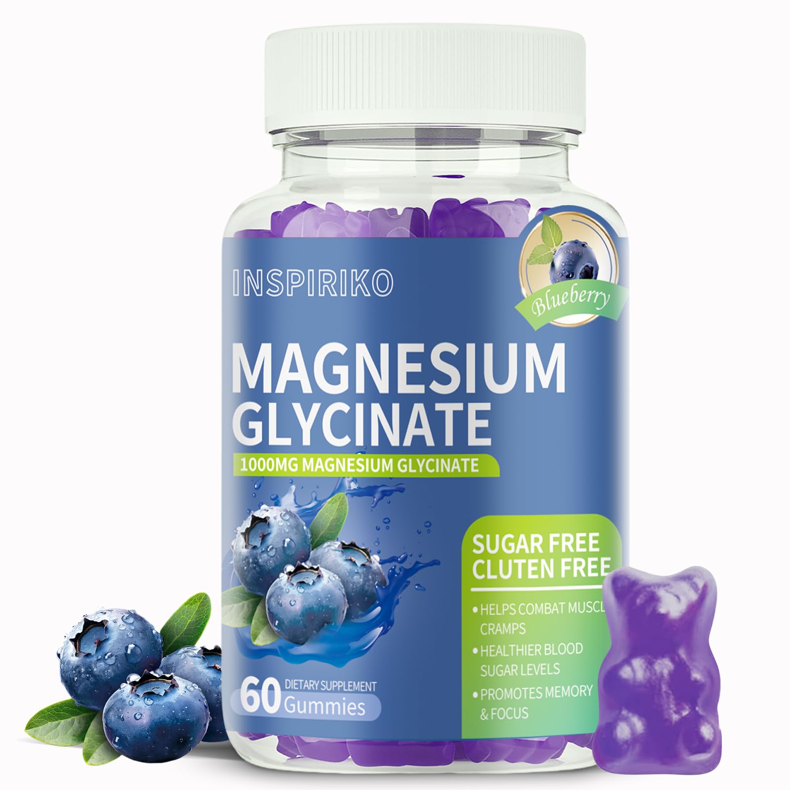 Inspiriko Magnesium Glycinate Gummies 1000mg - Sugar-Free Magnesium Potassium Supplement with Vitamin D, B6, CoQ10 for Adults & Kids, High Absorption for Calm Mood & Sleep Support - 60 Blueberry Gummies
