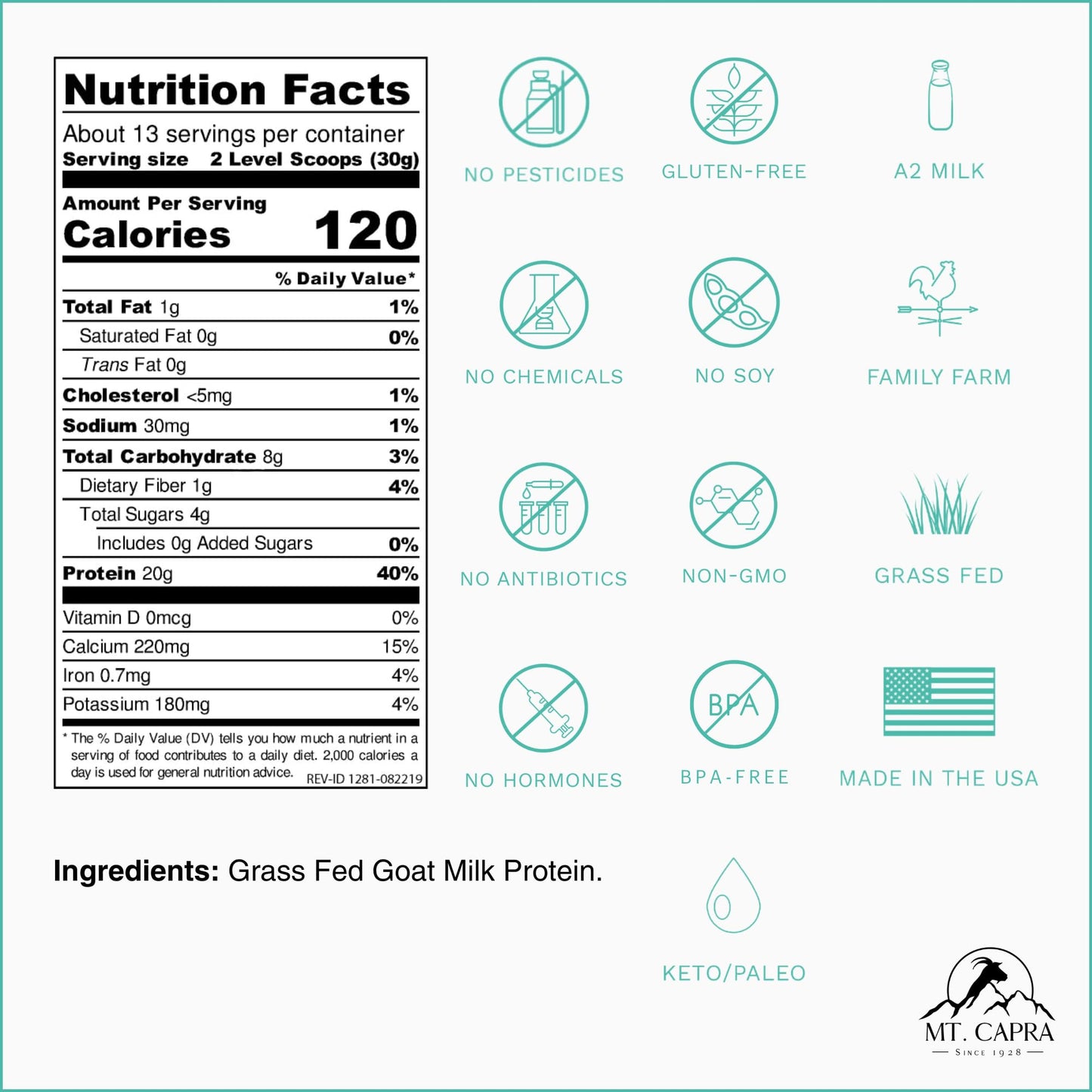 Mt. Capra Clean Whole Protein Powder, Grass-Fed Goat Protein with Whey and Casein, 14.11 oz
