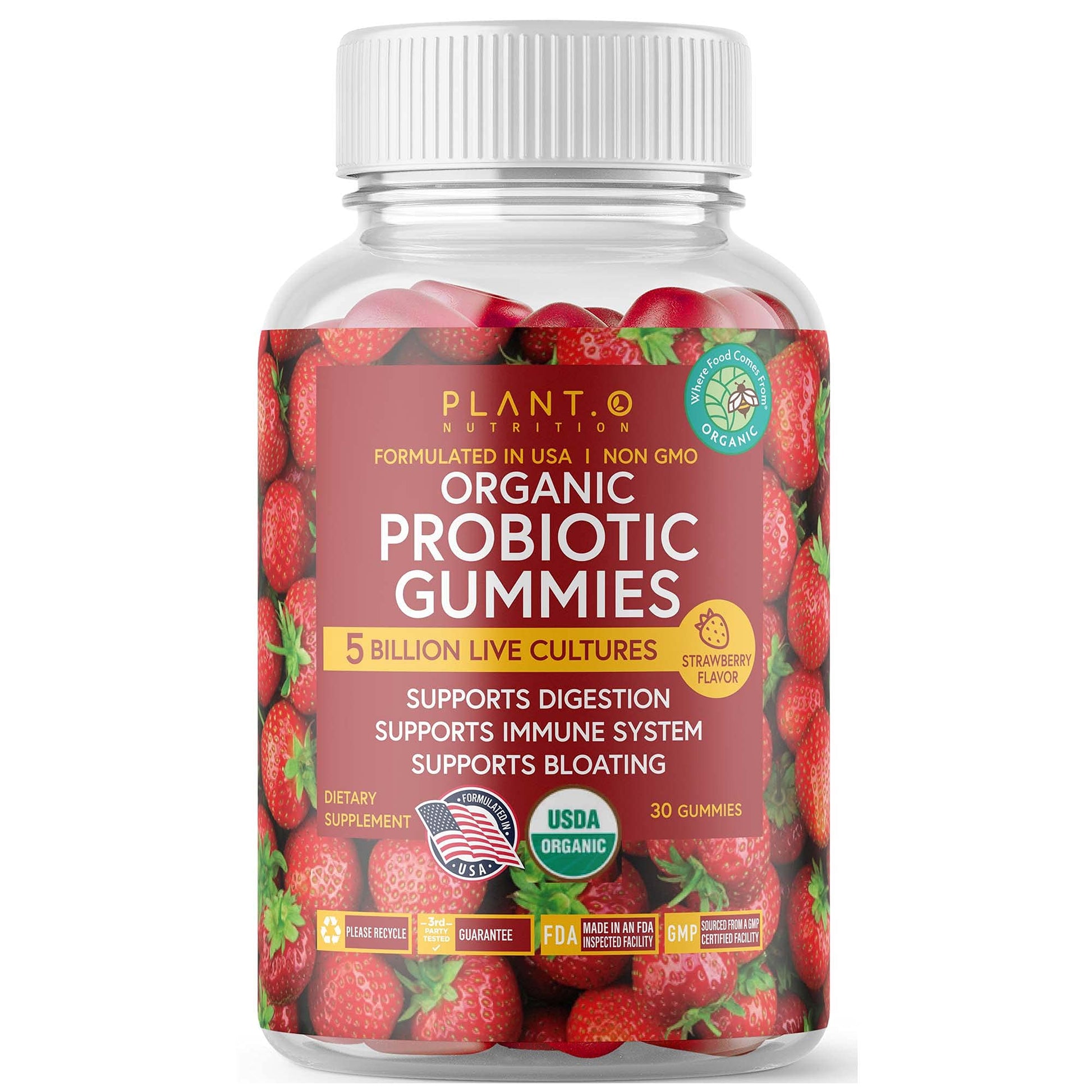 PLANT.O NUTRITION Organic Probiotic Gummies 5 Billion CFUs, 30 Gummies