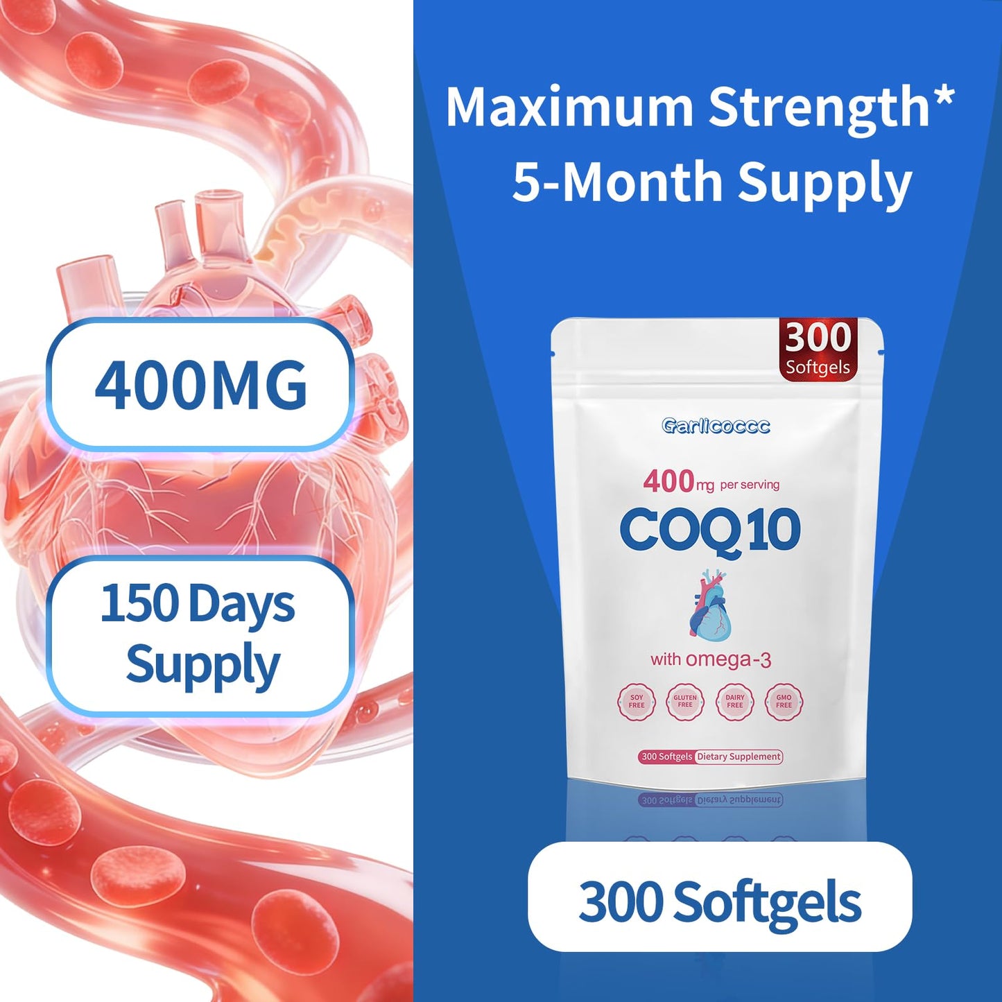 Garlicoccc CoQ10 400mg with Omega 3 Fatty Acids Softgels, 300 Softgels