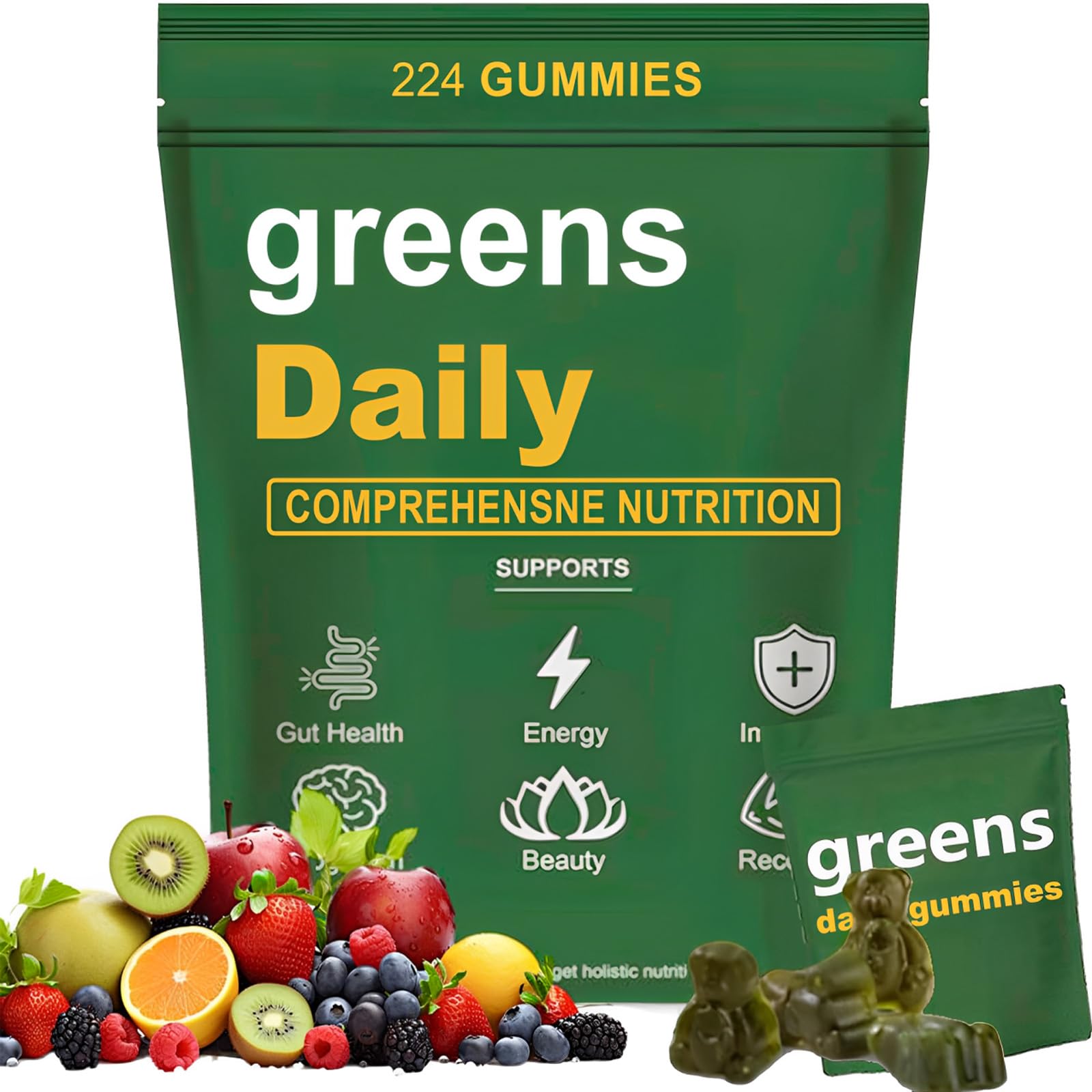 Oviaapo Greens Gummies Organic Chlorella and Spirulina, Digestive & Gut Health, Formulated with 60+ Ingredients, Multi-Vitamins & Minerals, Daily Gummies, 224 Gummies