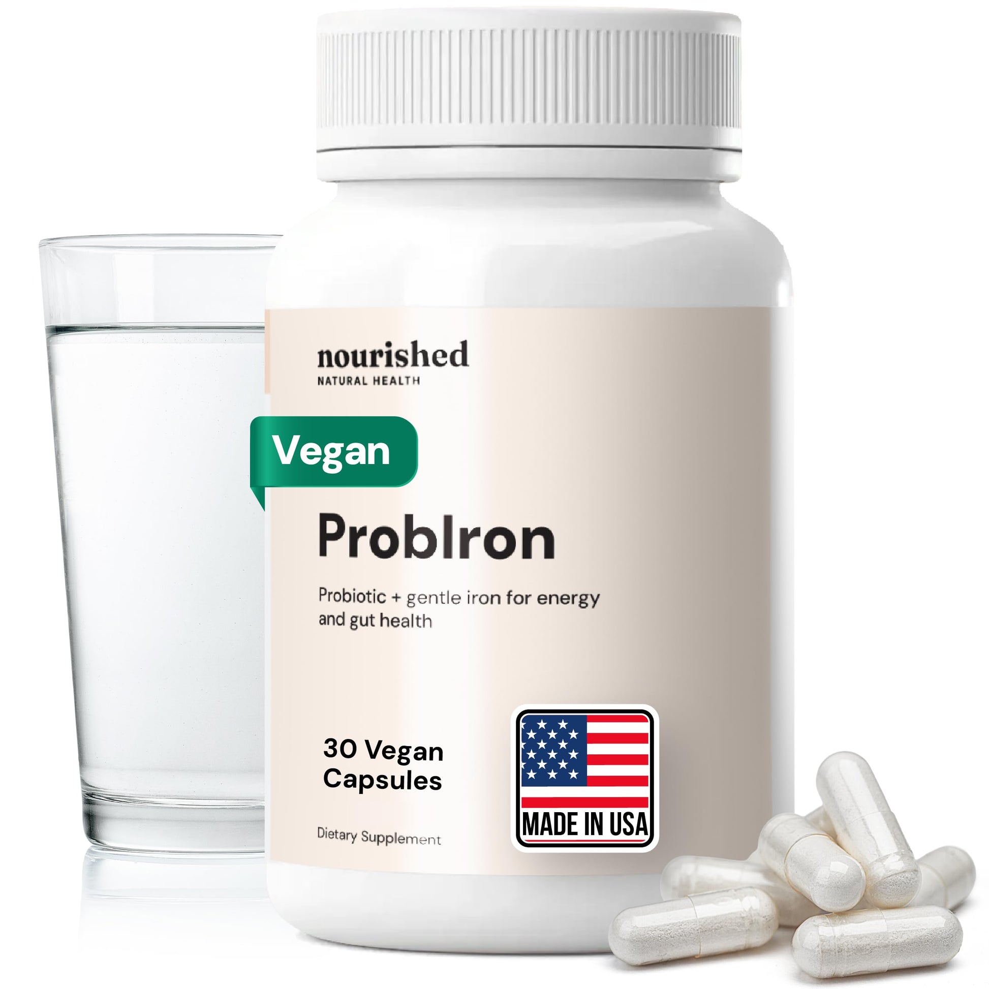 Nourished Natural Health ProbIron Women's Probiotic + Iron Supplement Boosted with Vitamin C and Copper - Vegan Formula for Energy and Digestive Wellness, 30 Capsules