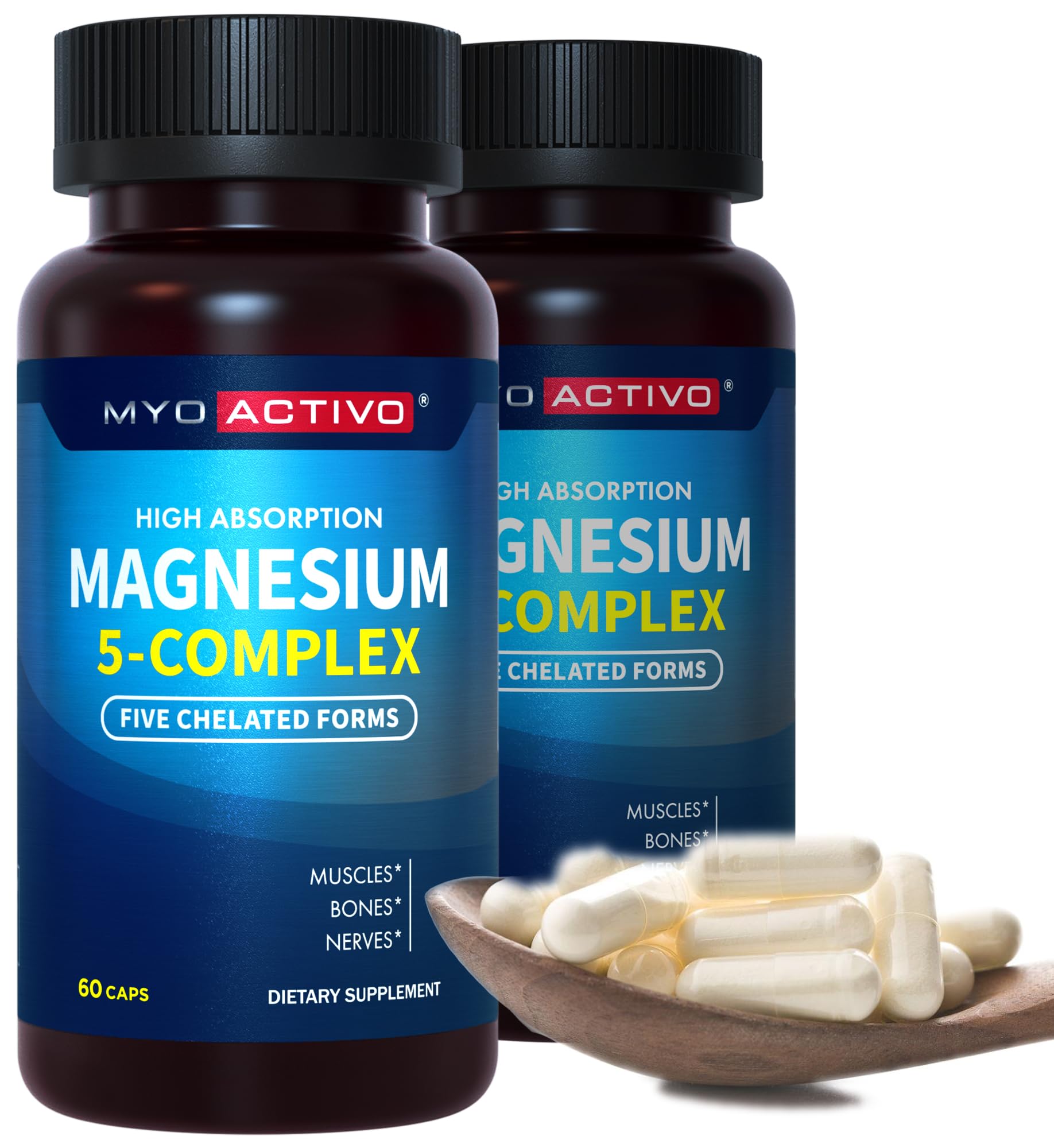 MyoActivo Magnesium Supplements - Chelated Magnesium 5 - Magnesium Glycinate, Malate, Citrate, Taurate, & Aspartate Capsules, 120 Count