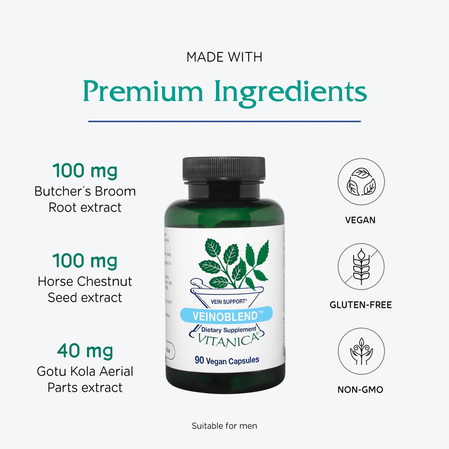 Vitanica VeinoBlend - Circulation Supplement for Blood Flow, Vein & Capillary Support - Includes Bromelain, Horse Chestnut, Gotu Kola, Butcher's Broom, Bioflavonoids, & Vitamin C - Vegan 90 Capsules