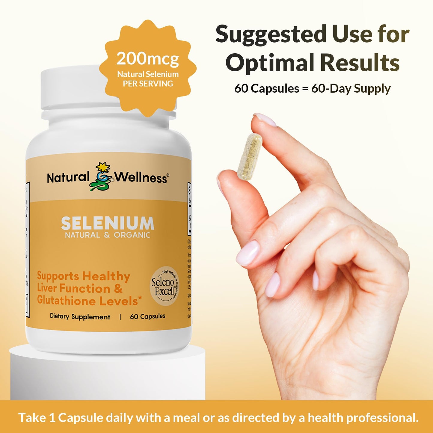 Natural Wellness Organic Selenium 200 mcg High Absorption SelenoExcell Selenium Supplement, 60 Capsules