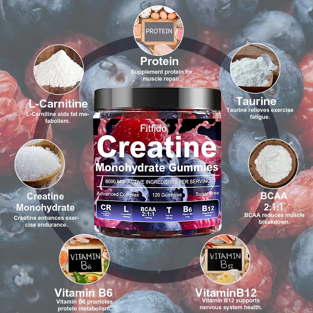 Fitfido Creatine Monohydrate Gummies 5000mg with L-Carnitine, 120 Count