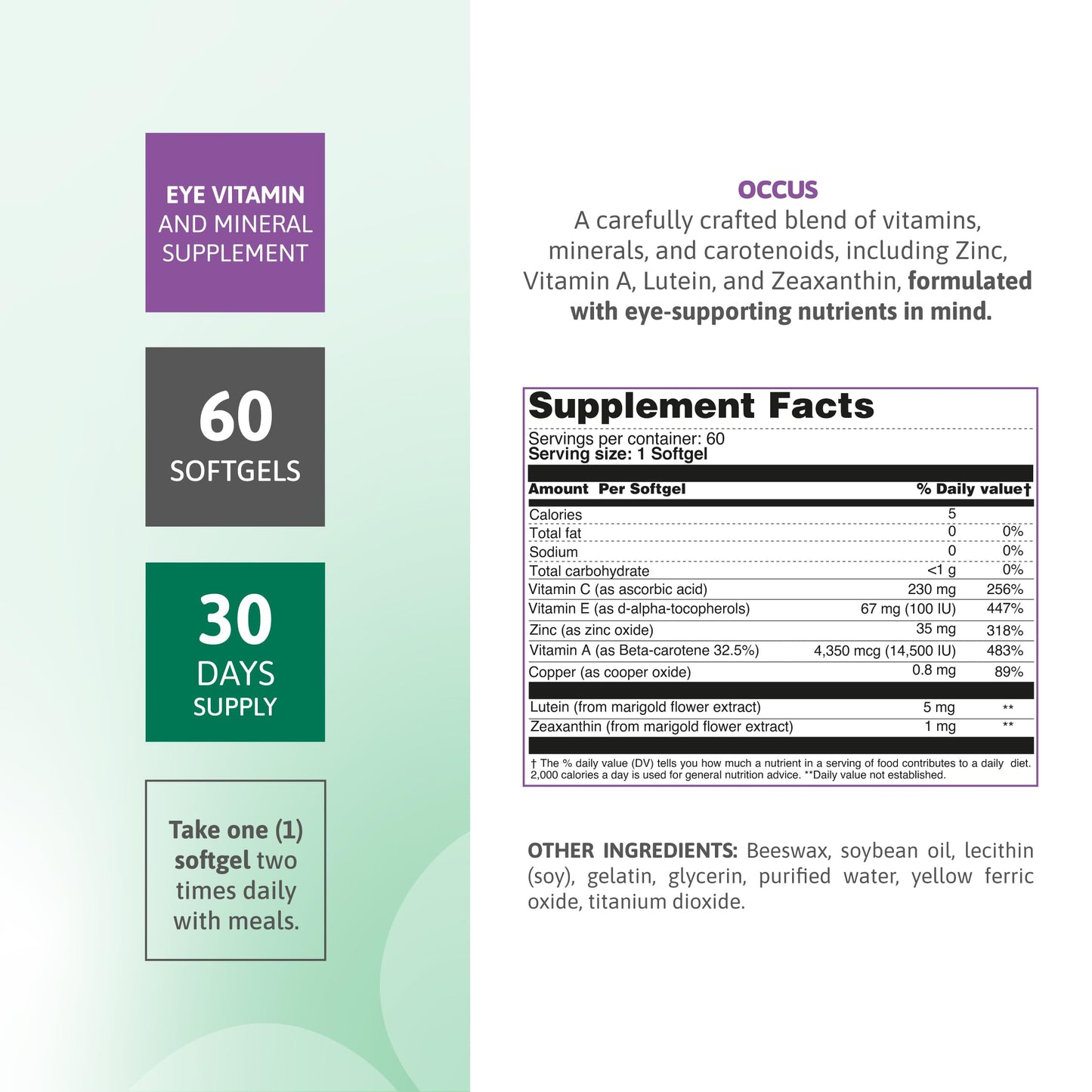 Nutra Nutrition Eye Vitamins Lutein Zeaxanthin A C E Zinc Support Softgels 60