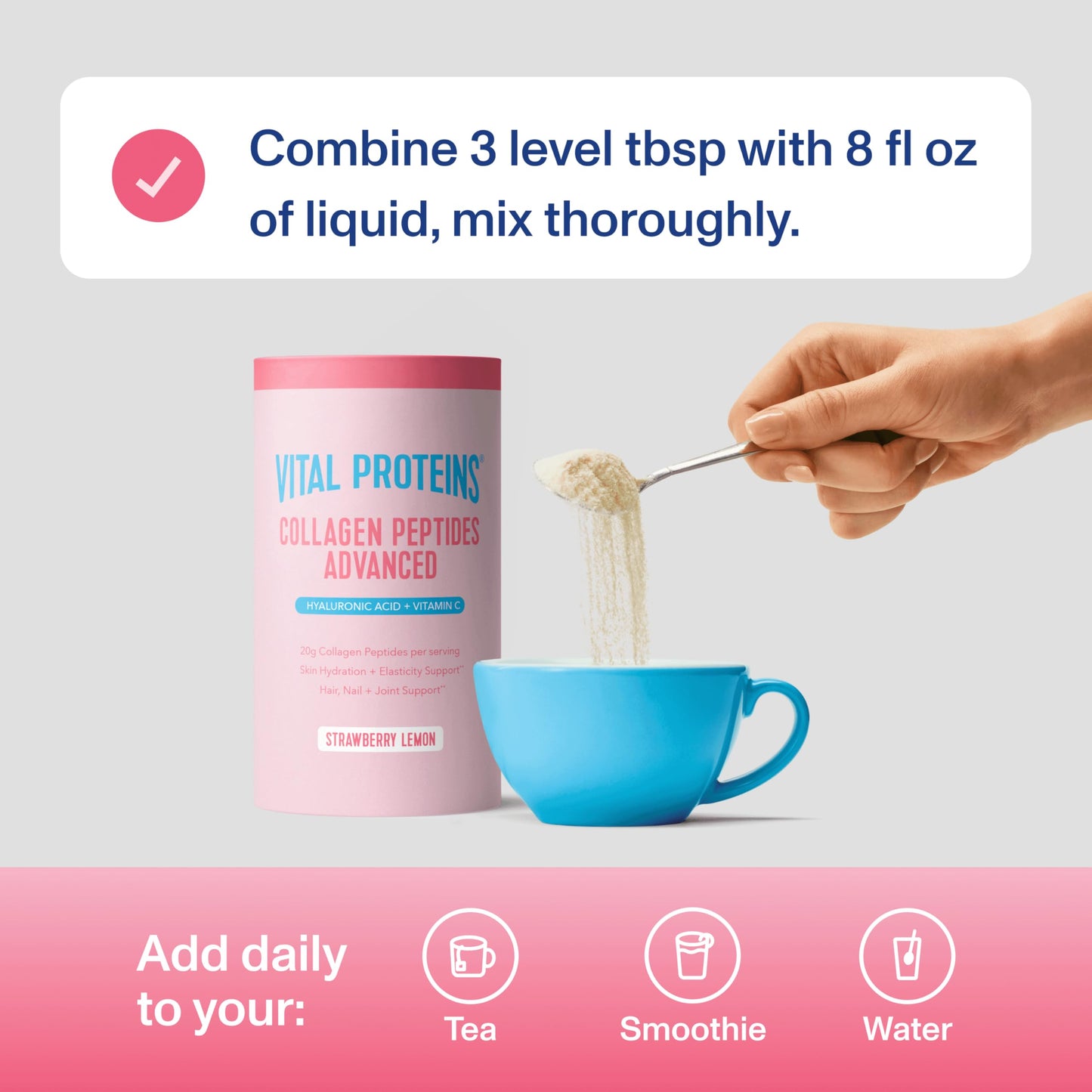 Vital Proteins Collagen Peptides Advanced, Hydrolyzed Peptides with Hyaluronic Acid and Vitamin C - Strawberry Lemon Flavor Powder 10.5 oz (13 Servings)