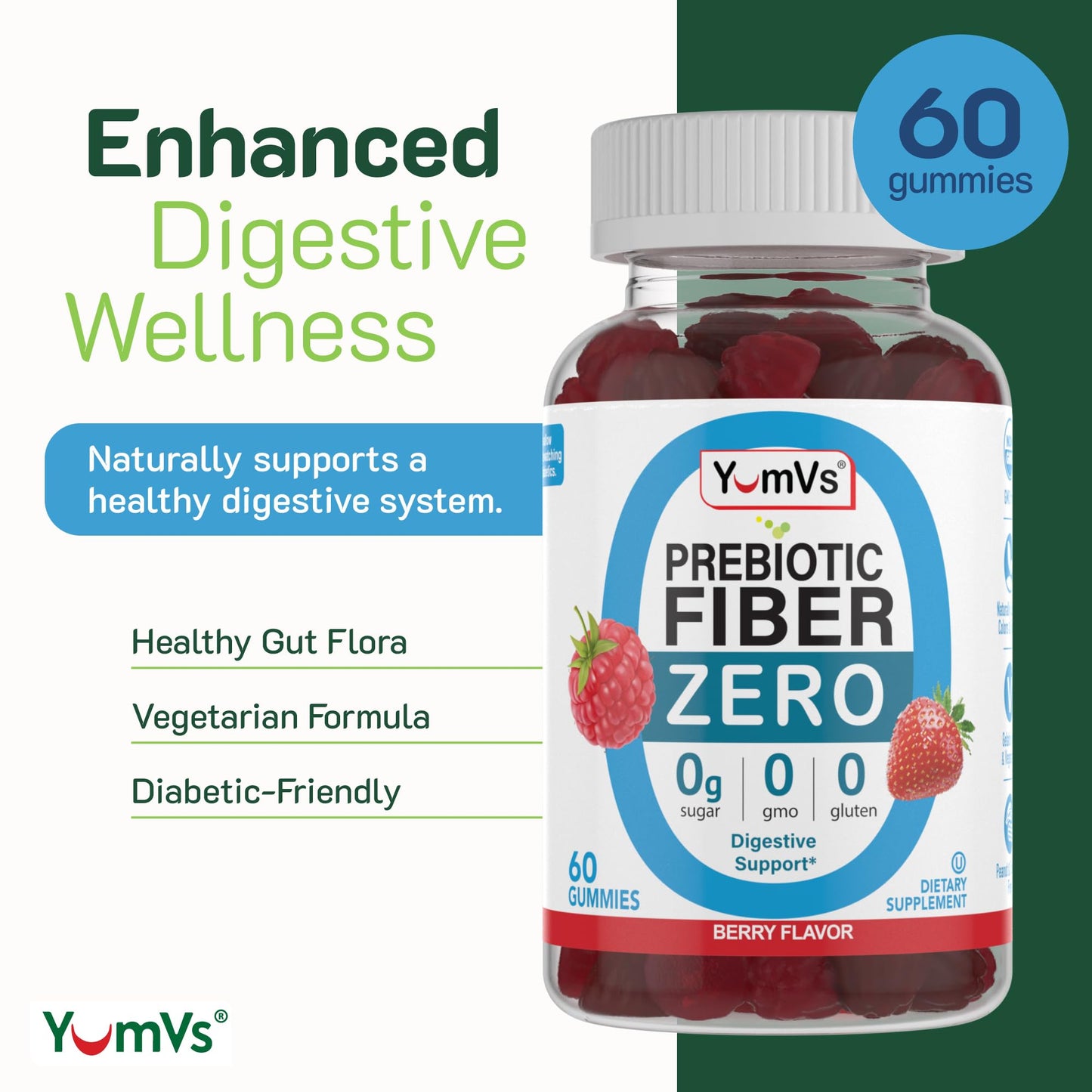 YUM-V'S Sugar Free Prebiotic Fiber Gummies for Adults and Kids Berry Flavor, 120 Gummies