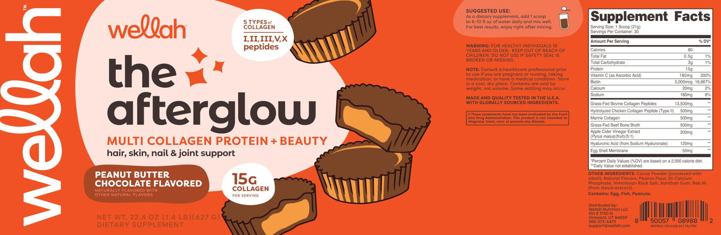 Wellah The Afterglow Multi Collagen Protein + Beauty (Peanut Butter Chocolate Flavored) Powder 22.4 oz