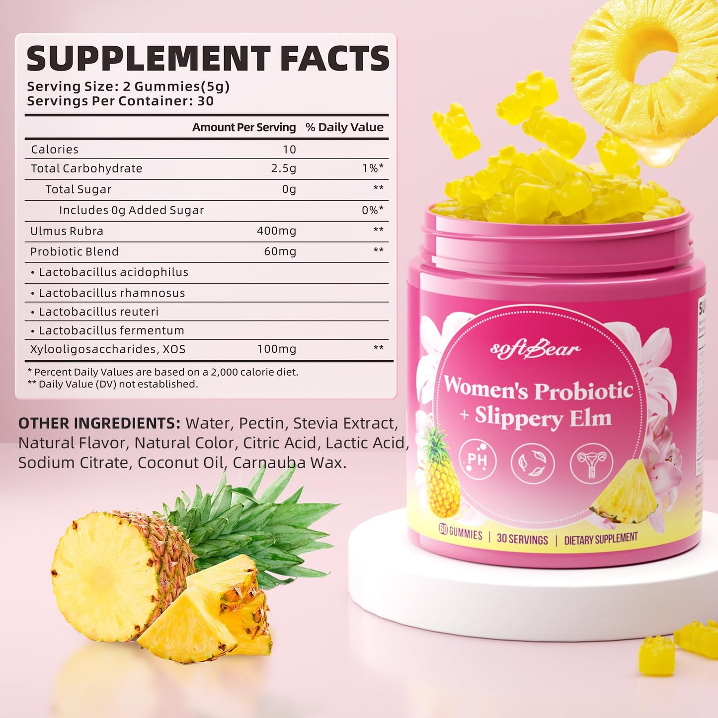 softbear Womens Probiotic Slippery Elm Gummies 60 Count