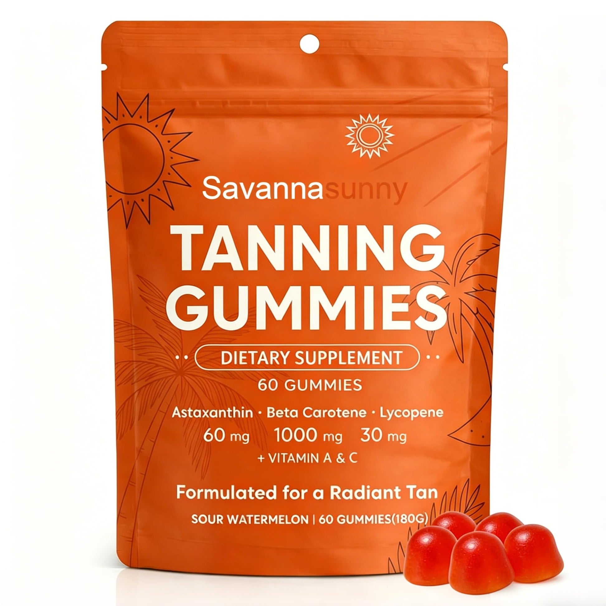 VITAL POWER Tanning Gummies for Women Beta-Carotene Astaxanthin Vitamin C&E Vegan Powder 6.34 Ounce