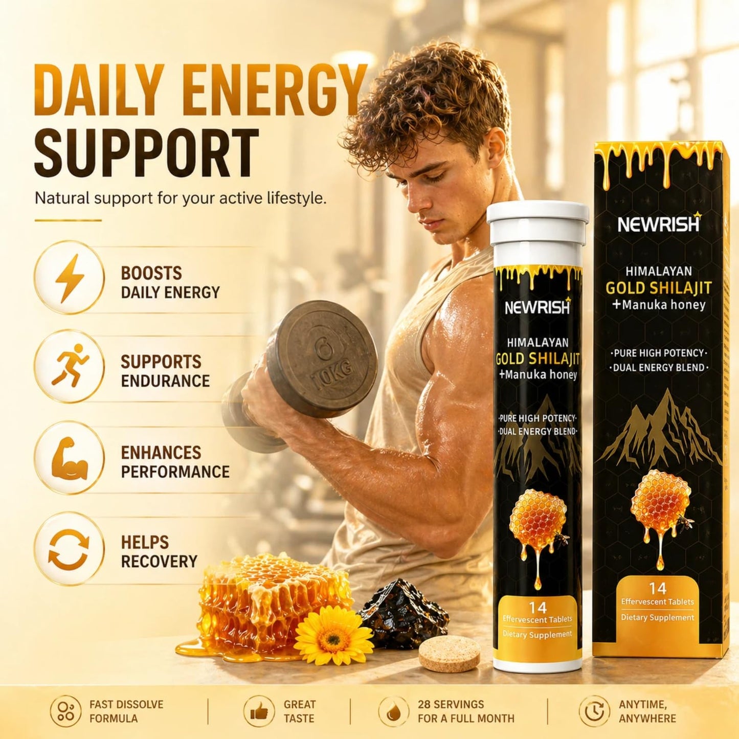 Newrish Shilajit Effervescent Tablets with Ashwagandha, Gokshura, Himalayan Shilajit, Fulvic Acid & 85+ Trace Minerals, Non-GMO, No Added Sugar, 28 Count