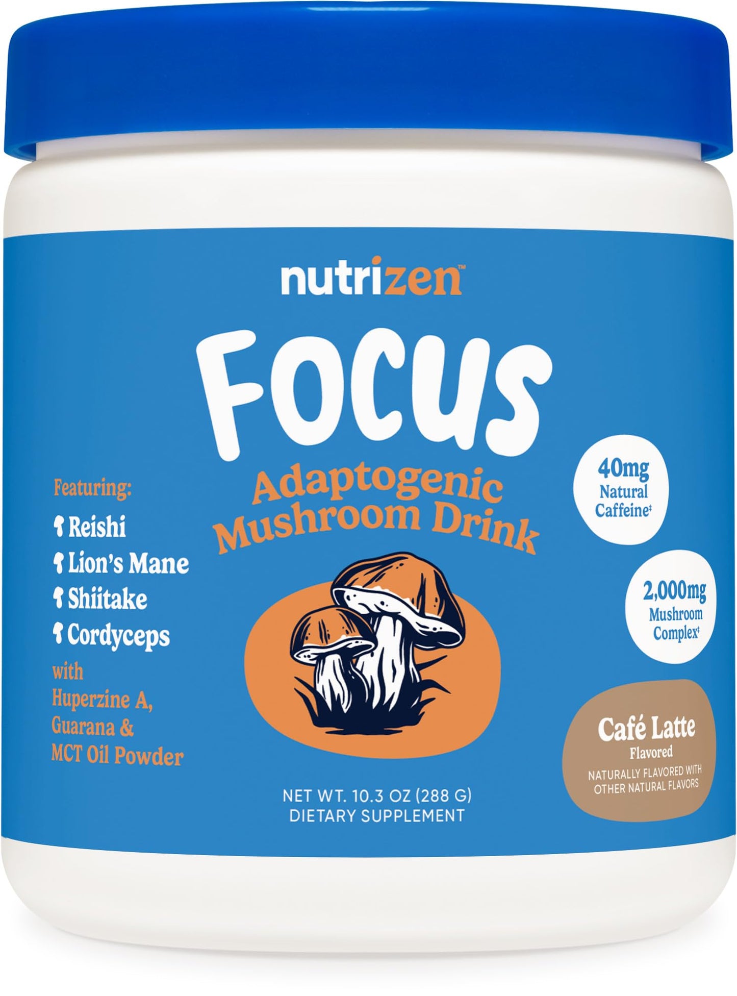 Nutricost Nutrizen AM Focus Adaptogenic Mushroom Drink (Cafe Latte) Powder 10.3 Ounce