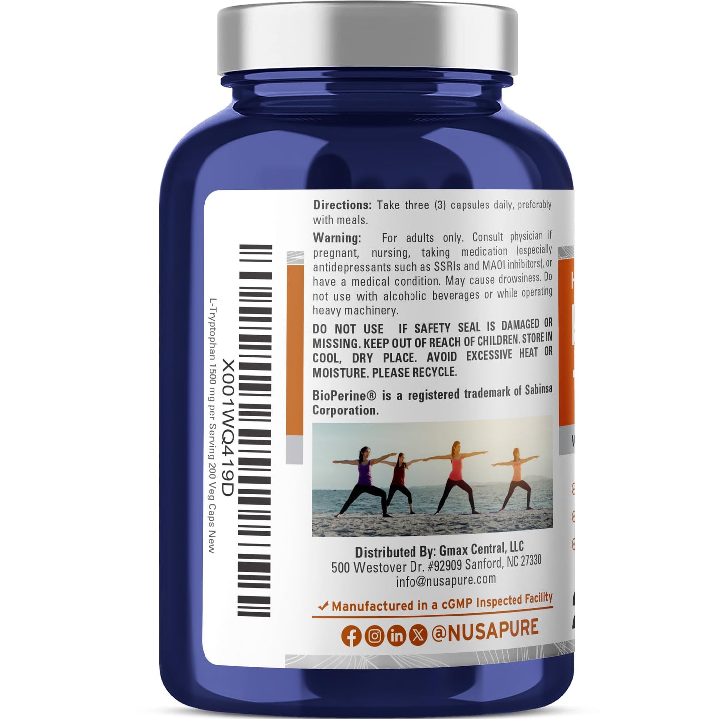 NusaPure L-Tryptophan Capsules, 1500 mg, 200 Veggie Capsules (Non-GMO, Vegan)
