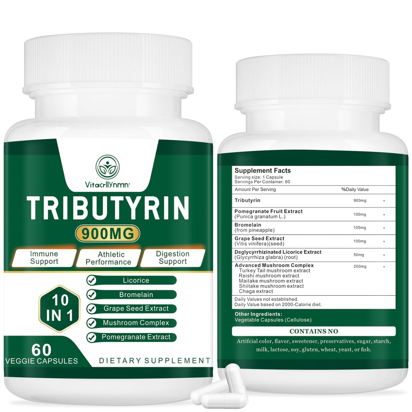 VITACRLLYNMN Tributyrin Supplement - Butyrate Precursor for Gut Barrier Support, Leaky Gut Support, Digestion, 60 Capsules