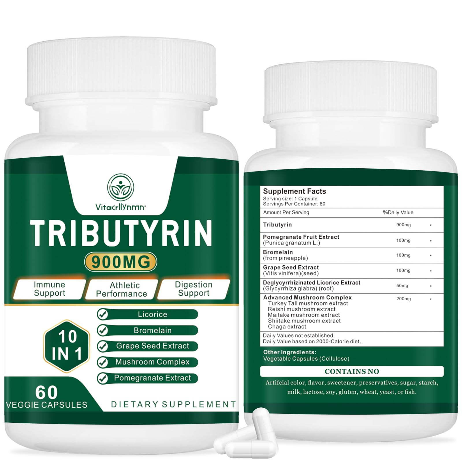 VITACRLLYNMN Tributyrin Supplement - Butyrate Precursor for Gut Barrier Support, Leaky Gut Support, Digestion, 60 Capsules