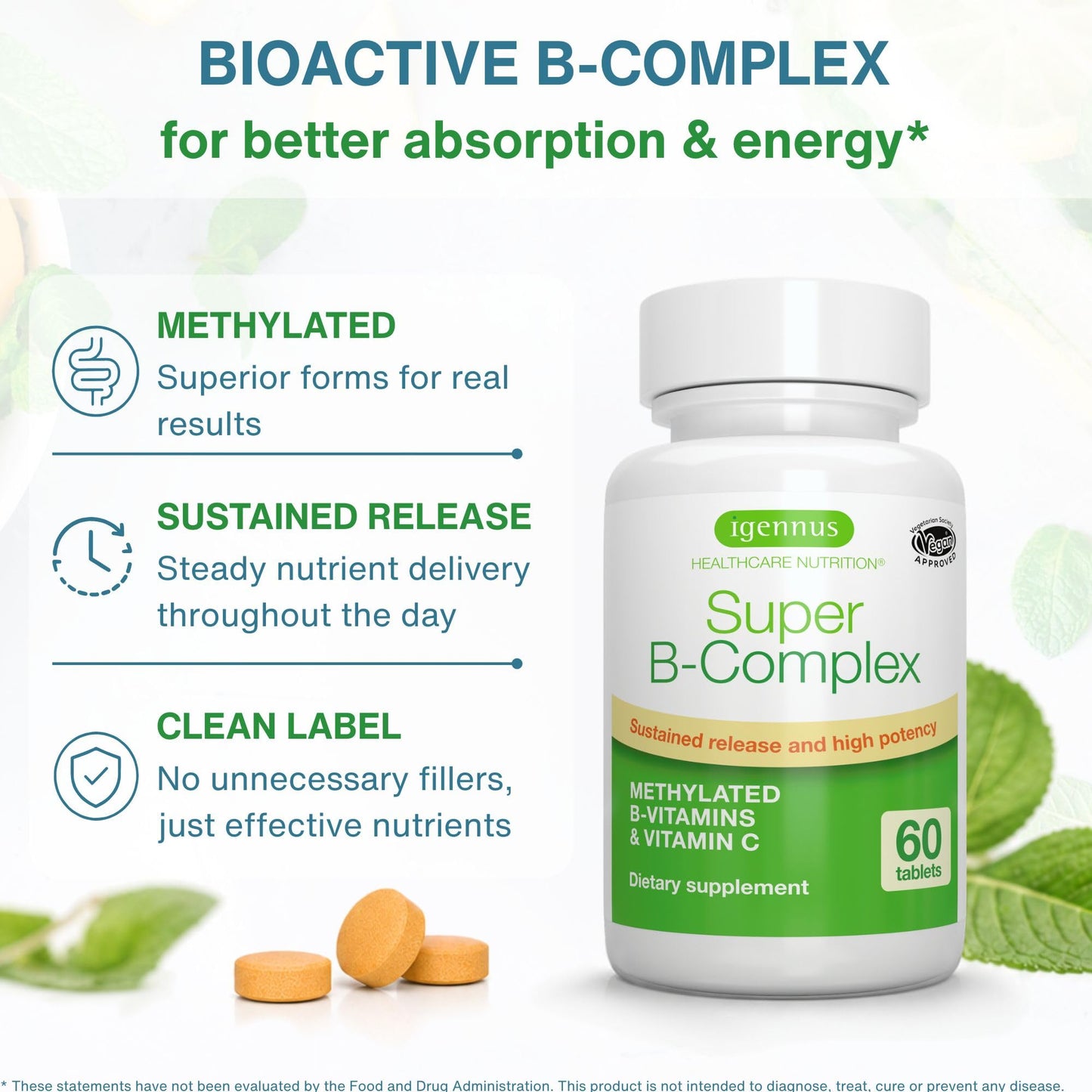 Igennus High Absorption Super B-Complex Methylated & Active B Vitamins Tablets, 180 Count