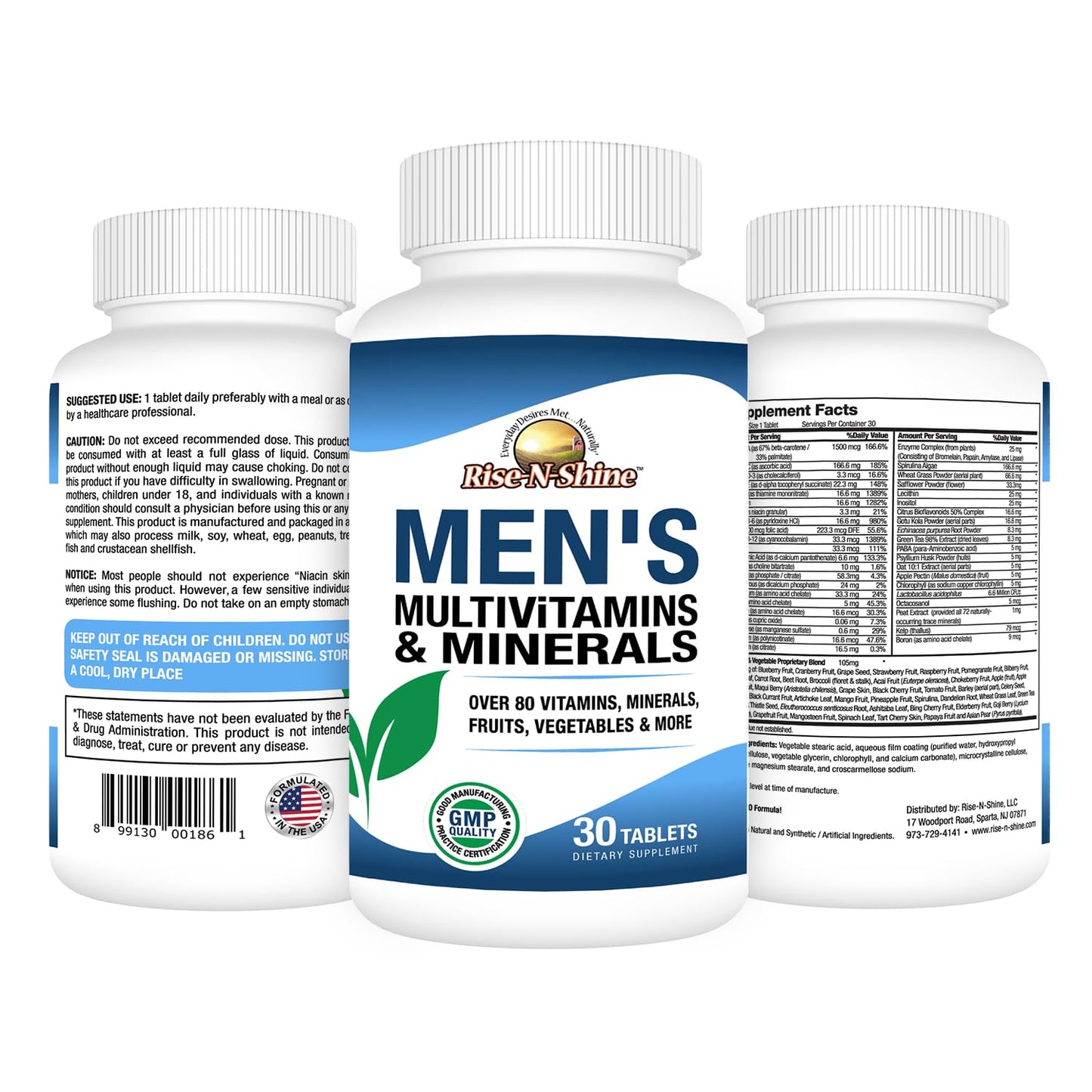 Rise-N-Shine Men's Multivitamins and Minerals with Zinc, Selenium, Calcium, Magnesium & More for Immune System Support Tablets 30 Count