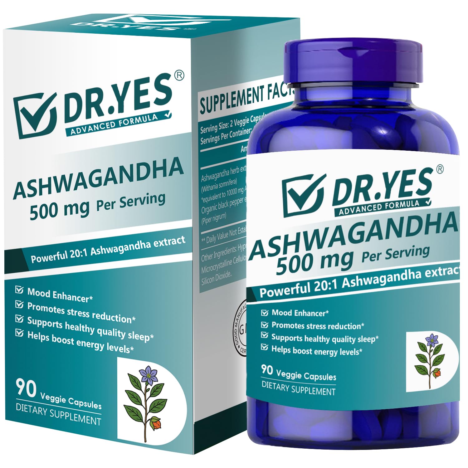 DR YES Ashwagandha 500mg Capsules with Organic Black Pepper, 90 Capsules