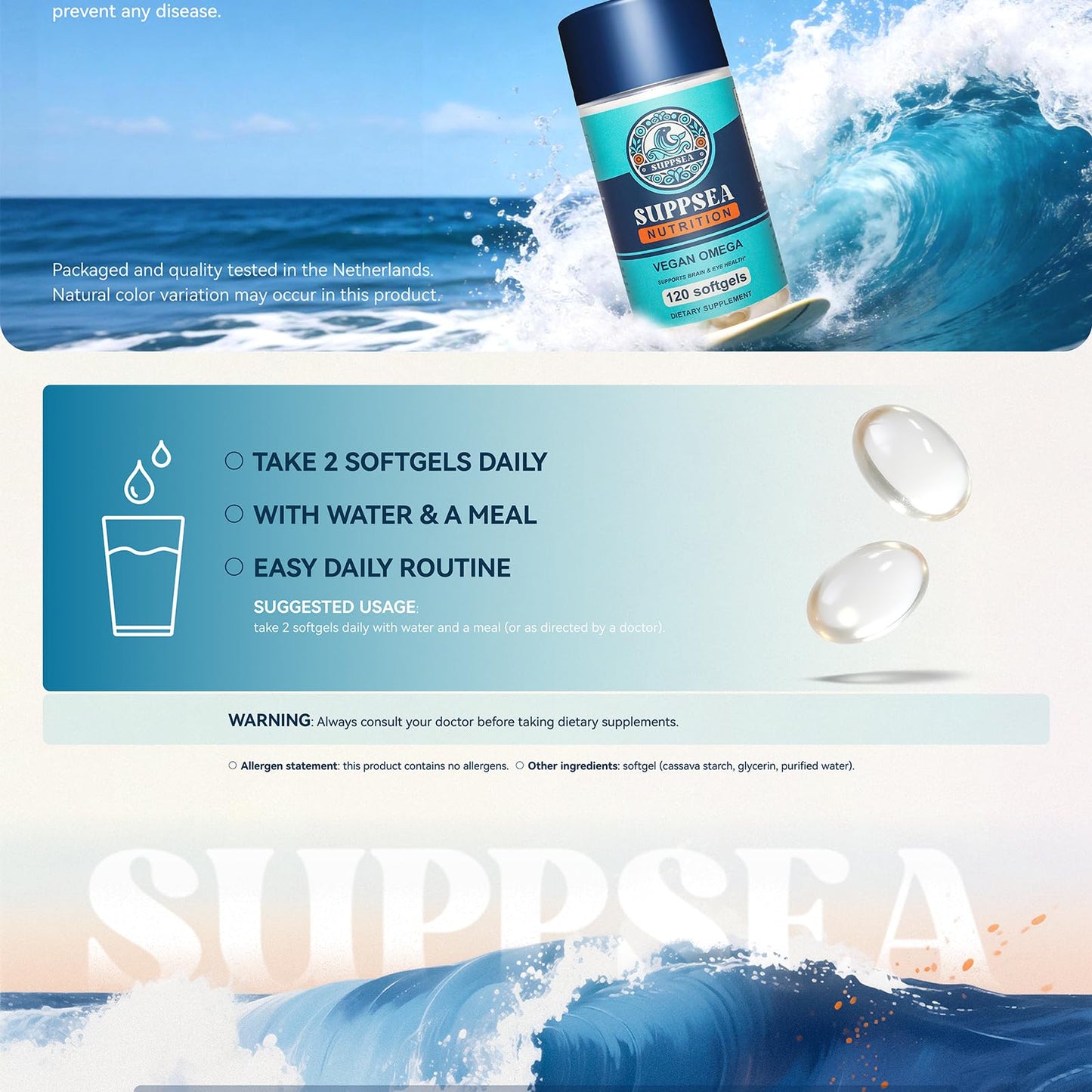 SUPPSEA Vegan Omega Algae Oil 1,000 mg with DHA and Vitamin E Softgels 120