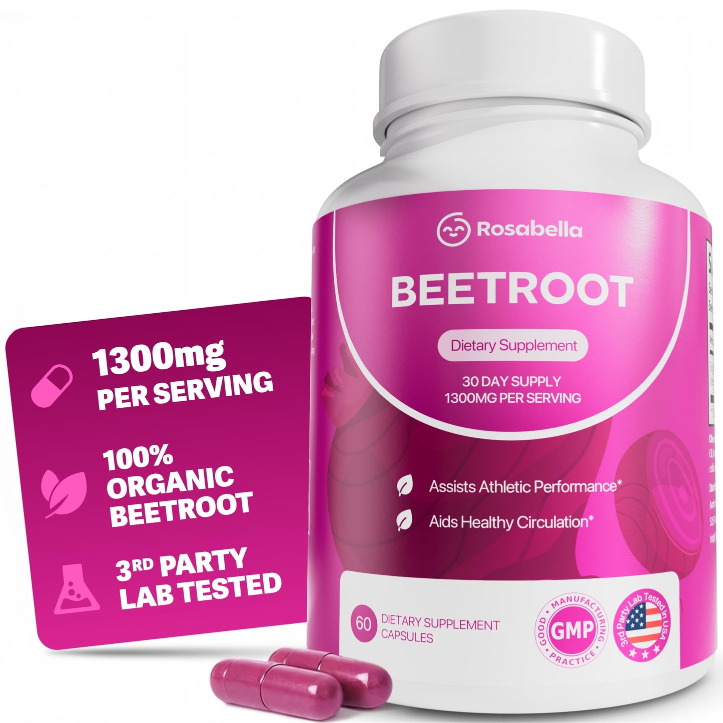 Rosabella Beet Root Capsules 1300mg Beet Root Powder, 60 Capsules