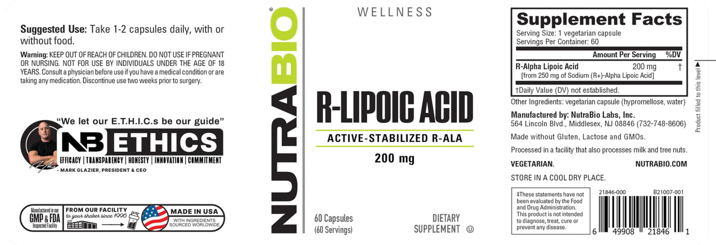 NutraBio R-Lipoic Acid Supplement Capsules, 60 Count