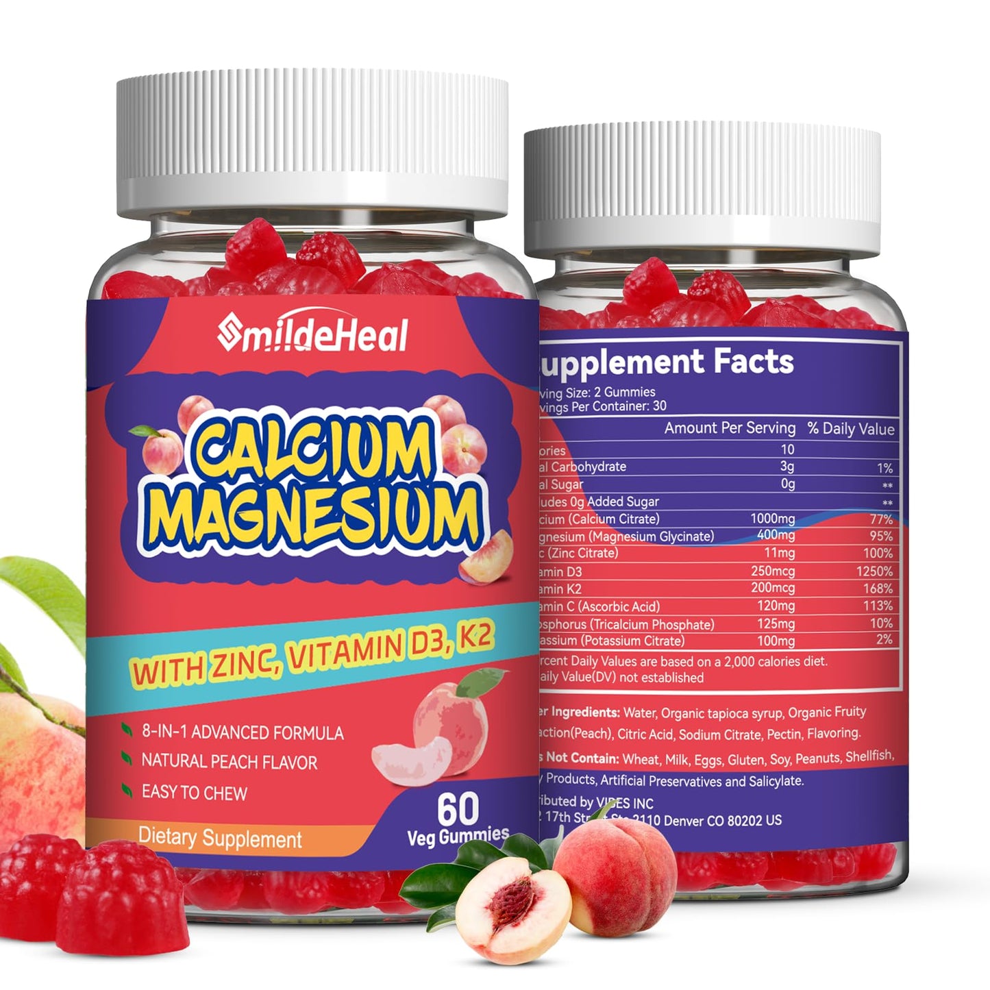 SmildeHeal Calcium Magnesium Zinc Gummies with Vitamin D3 - High Absorption Complex Calcium Supplement, Vegan, 120 Gummies