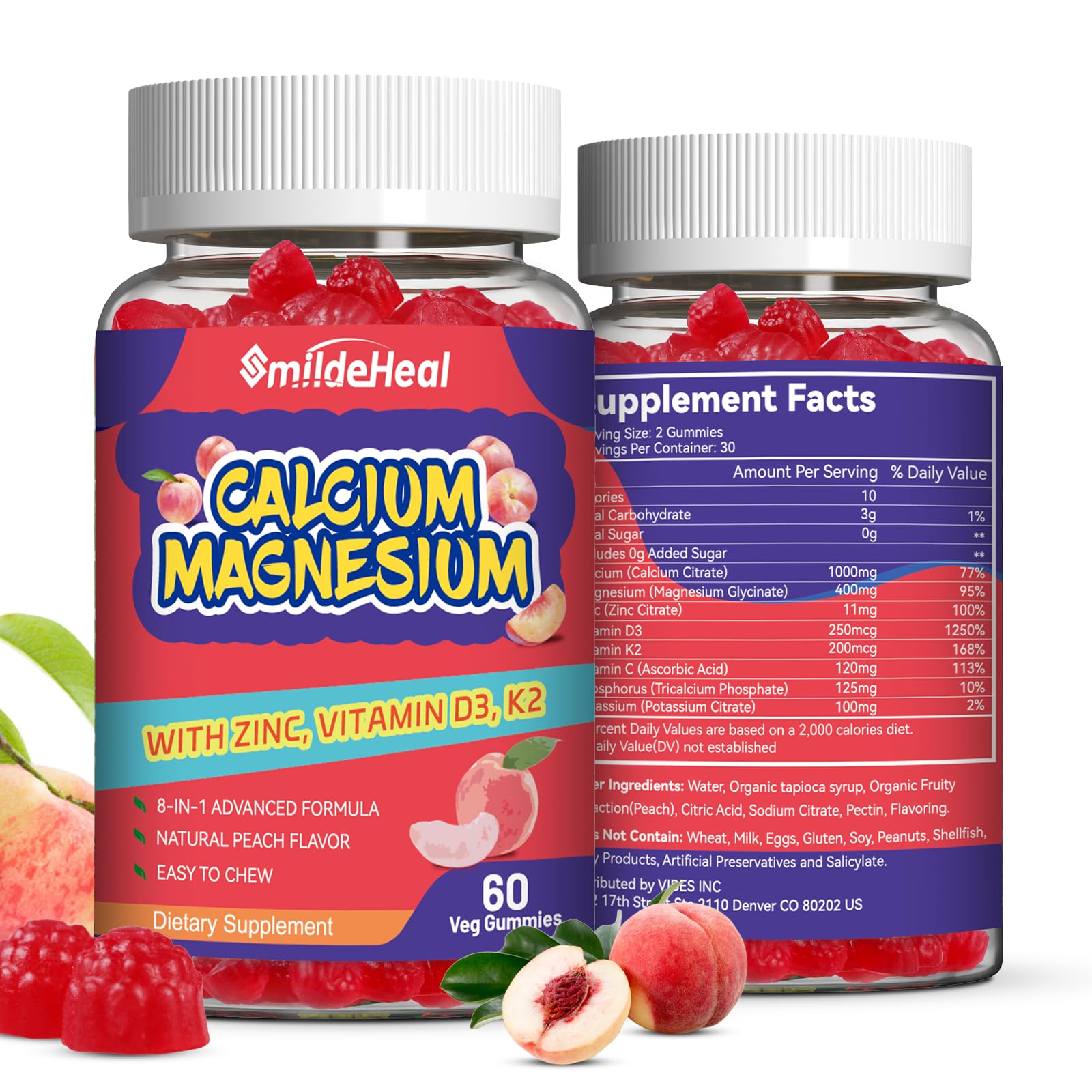 SmildeHeal Calcium Magnesium Zinc Gummies with Vitamin D3 - High Absorption Complex Calcium Supplement, Vegan, 120 Gummies