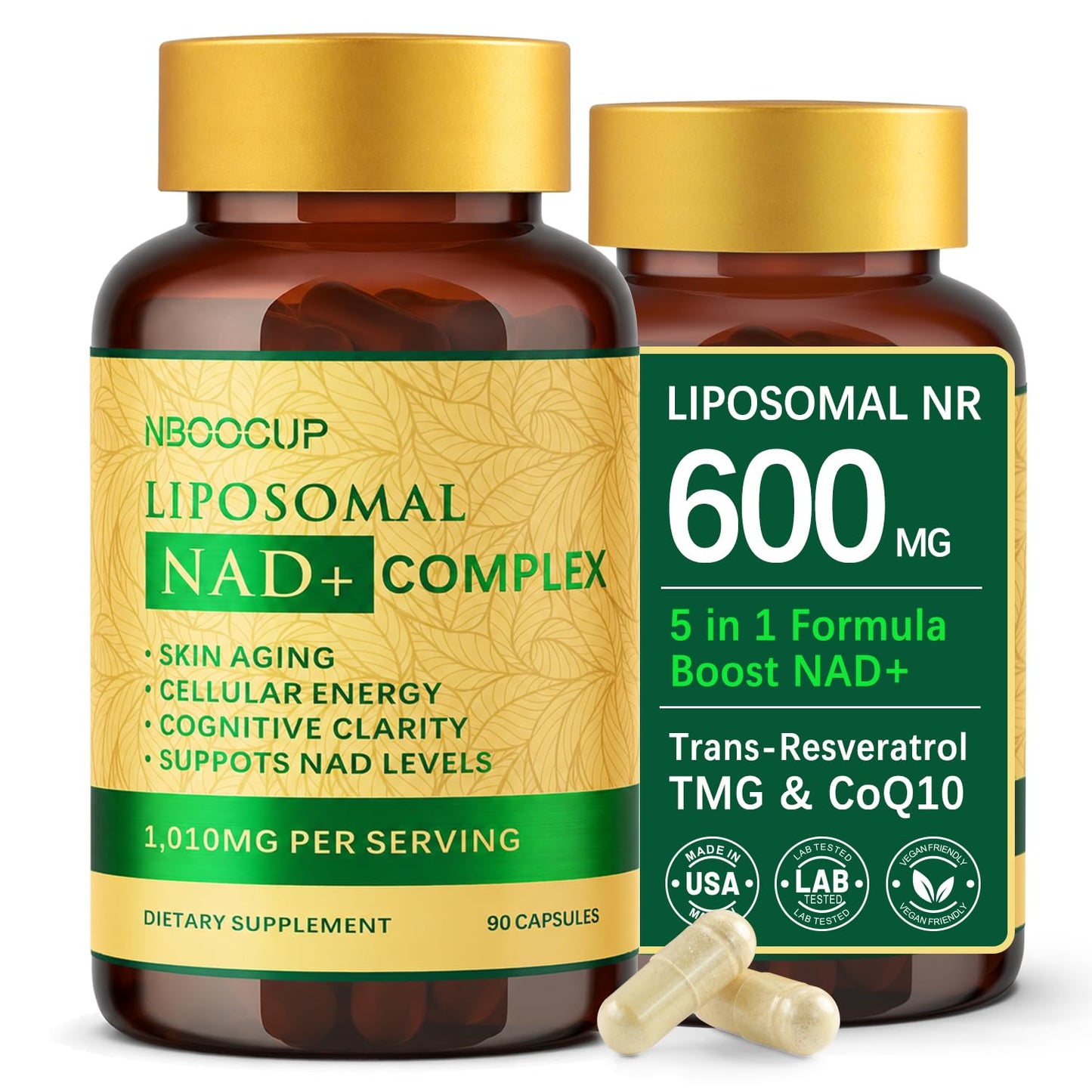 NBOOCUP Liposomal NAD+ Supplement 600mg NR for Healthy Aging, 90 Capsules