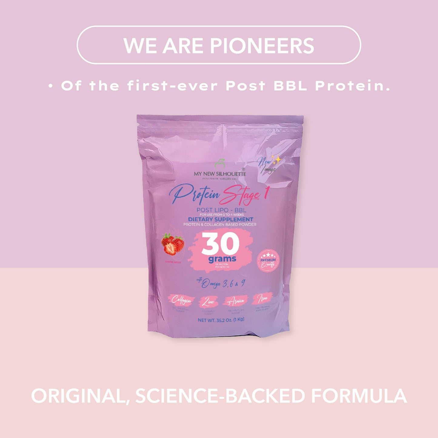 MI NUEVA SILUETA My New Silhouette Stage 1 Isolated Medical-Grade Whey Protein Powder with Omega 3, 6, and 9, 30 g per Serving, Strawberry, 2.2 lb