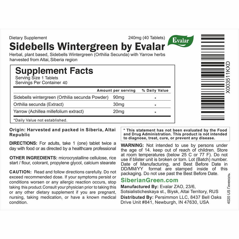 Evalar Orthilia Secunda Sidebells Wintergreen Yarrow Herb Tablets 40