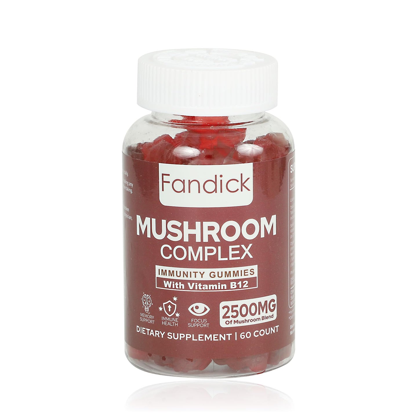FANDICK Premium Organic Mushroom Complex Blend with Reishi, Cordyceps, Lion's Mane, Chaga, Maitake, Turkey Tail, Agaricus Blazei, Oyster, Black Fungus, Shiitake, DMAE 50mg Gummies 60 Count