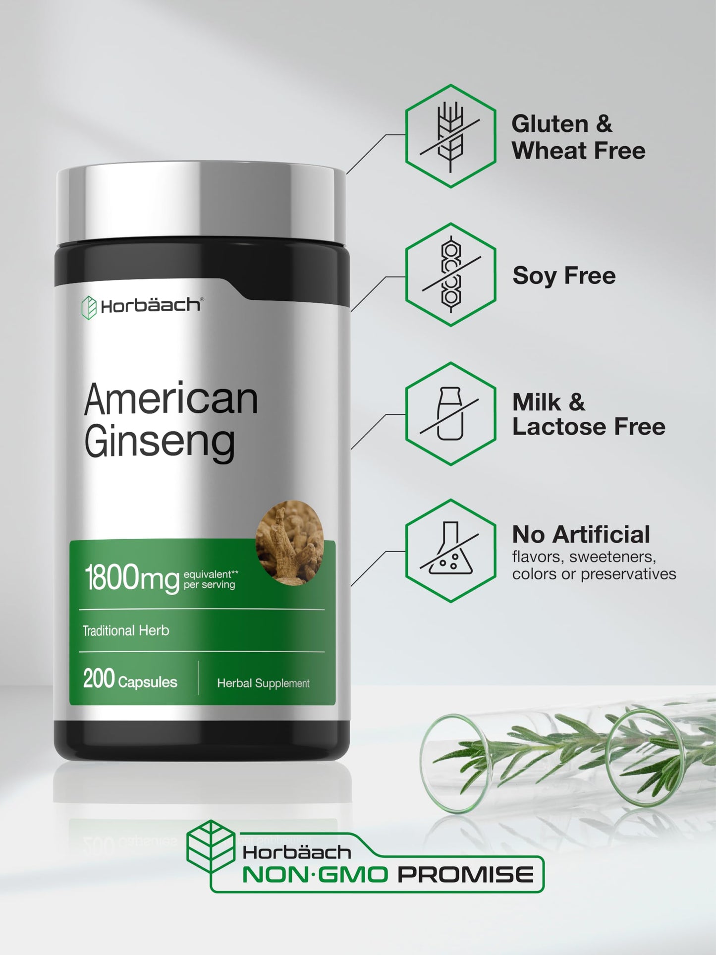 Horbäach American Ginseng Capsules, 200 Capsules