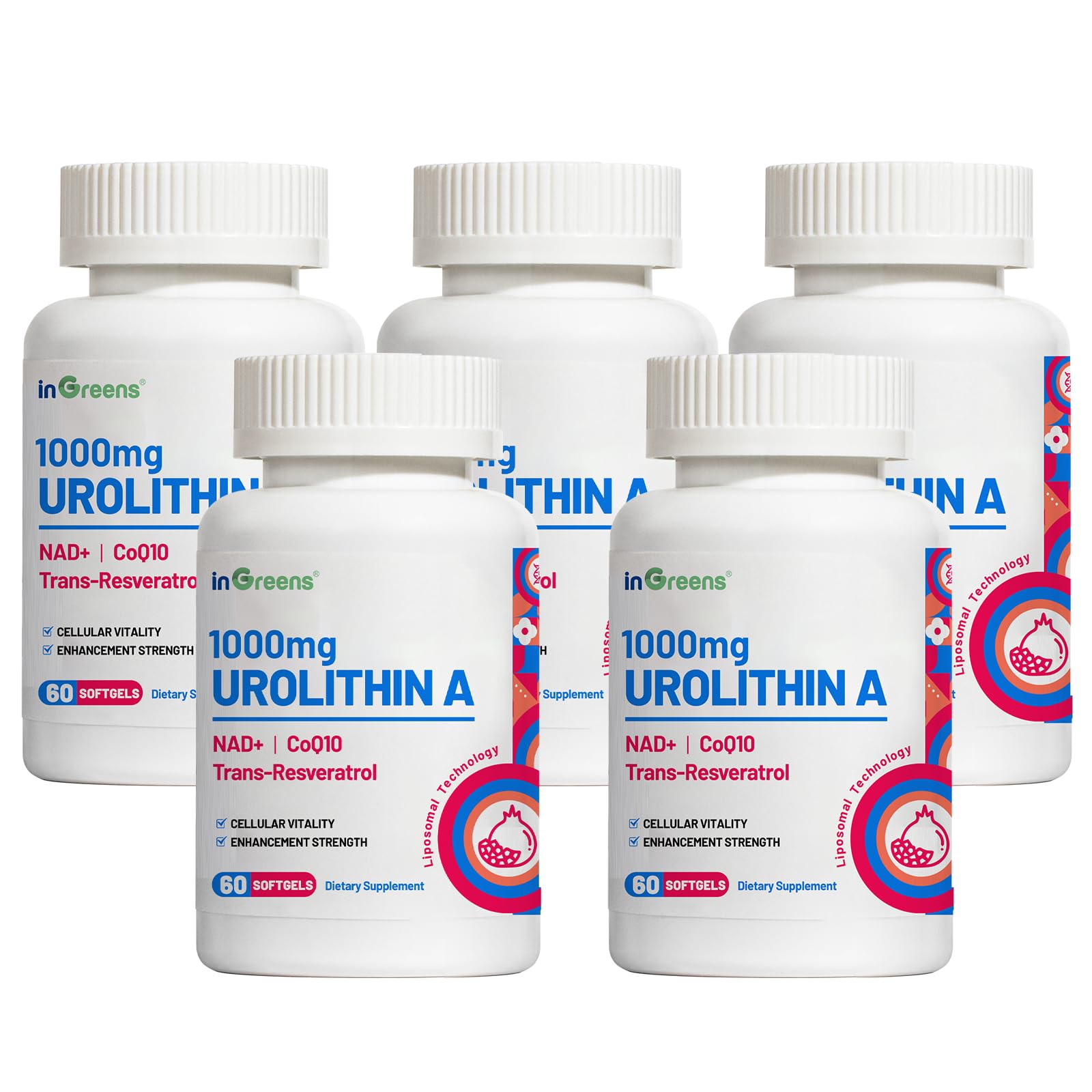 inGreens Urolithin A 1000mg with NAD+ 300mg, CoQ10 200mg, and Trans-Resveratrol 200mg Softgels, 300 Count