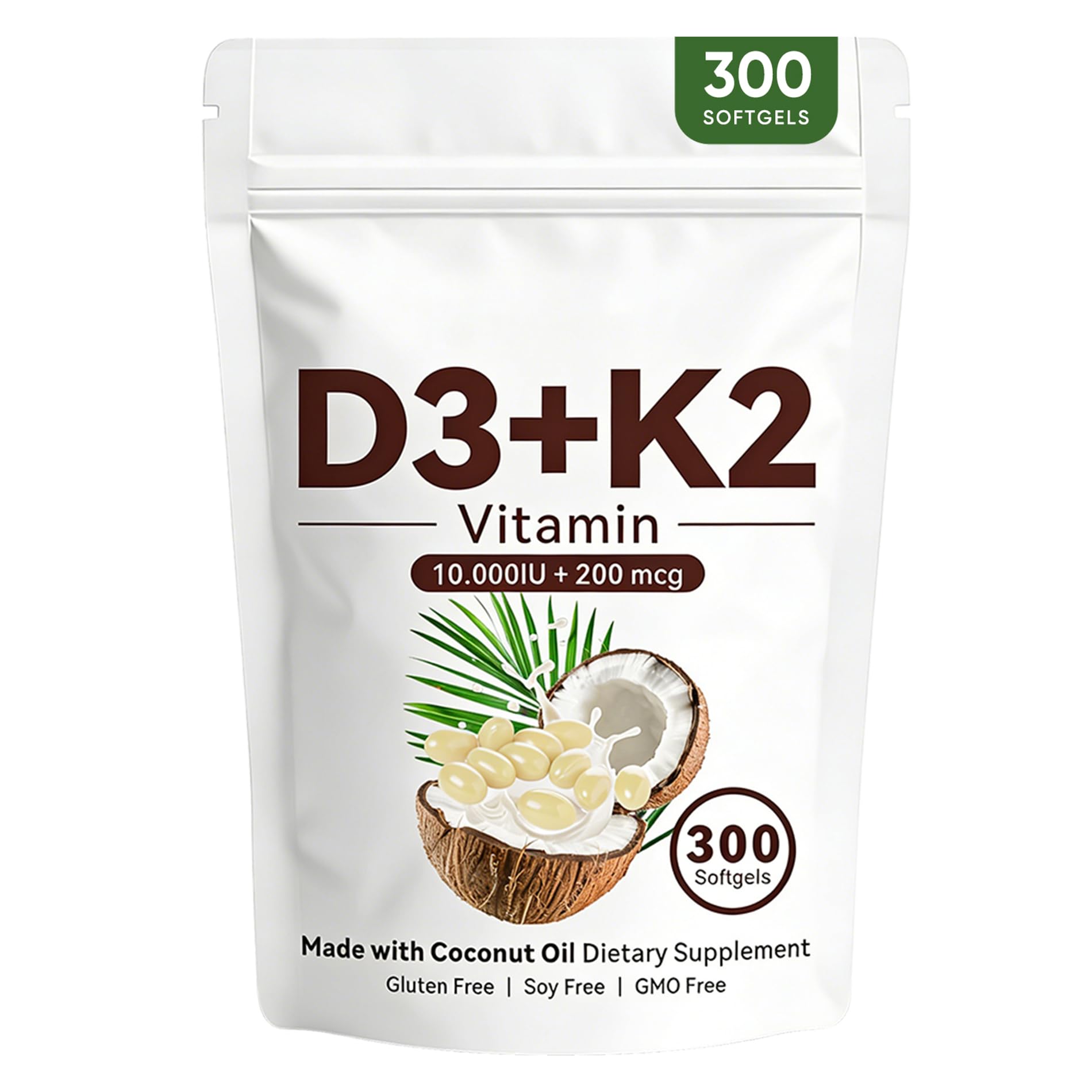 wuliao Vitamin D3 K2 10,000 IU 2-in-1 D&K Complex with Vitamin K2 (MK-7), Supports Bone & Calcium Absorption, Immune Support, Non-GMO, 300 Softgels