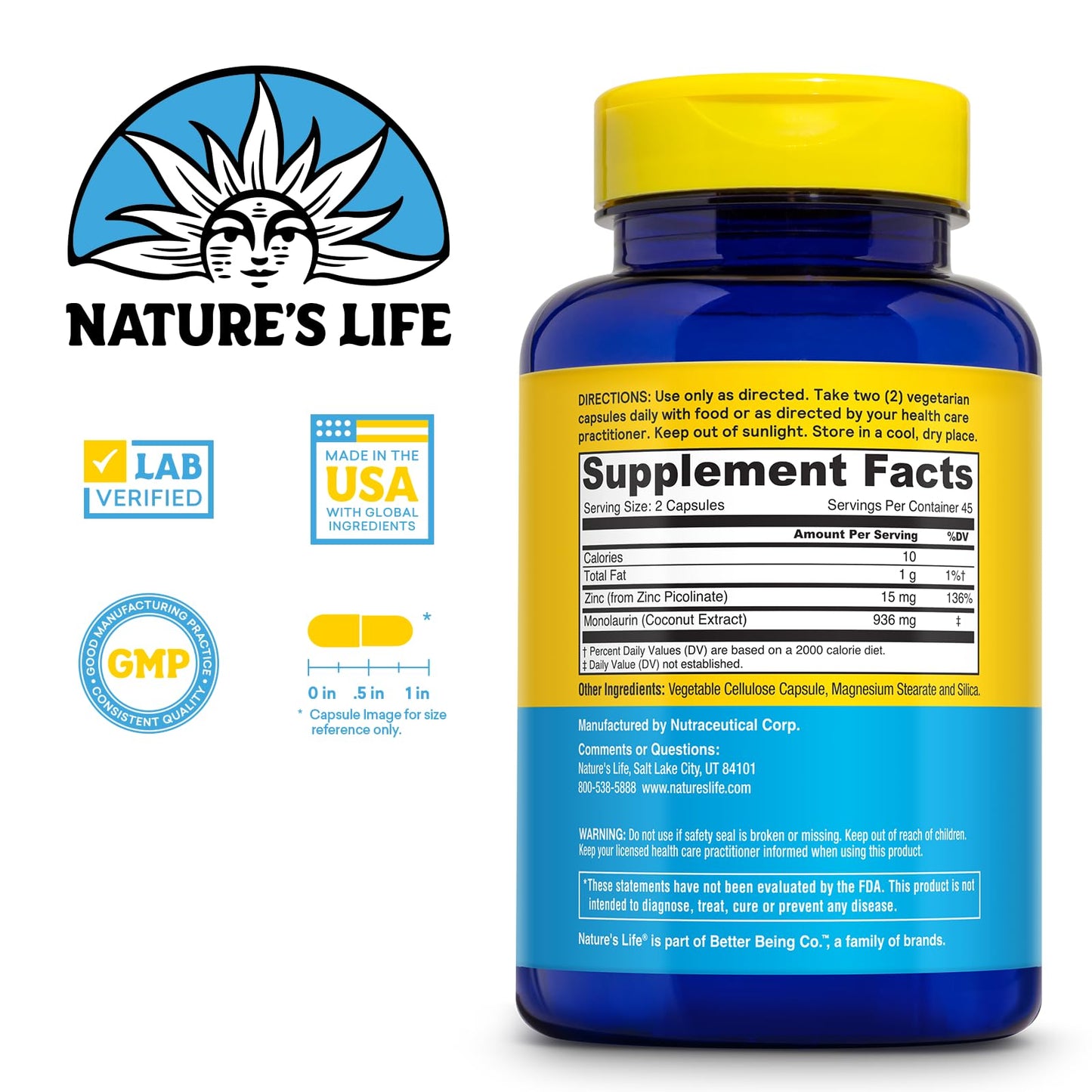 Nature's Life Monolaurin Plus Zinc Immune Support Supplement Capsules, 90 Count
