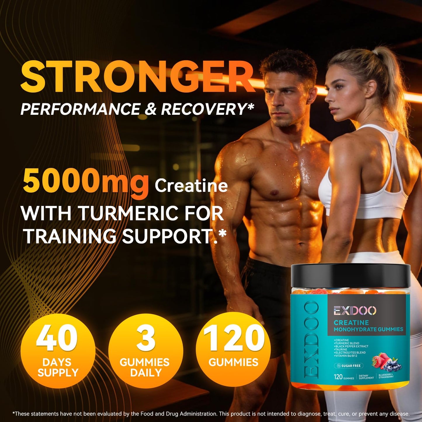 exdoo Creatine Monohydrate Gummies with Turmeric for Men and Women, Taurine Electrolyte for Strength, Energy & Muscle Support Pre-Workout, Sugar Free, 120 Gummies