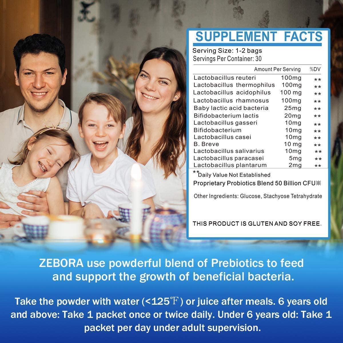 ZEBORA Probiotics & Prebiotics Powder for Digestive and Immune Health, 30 Bags