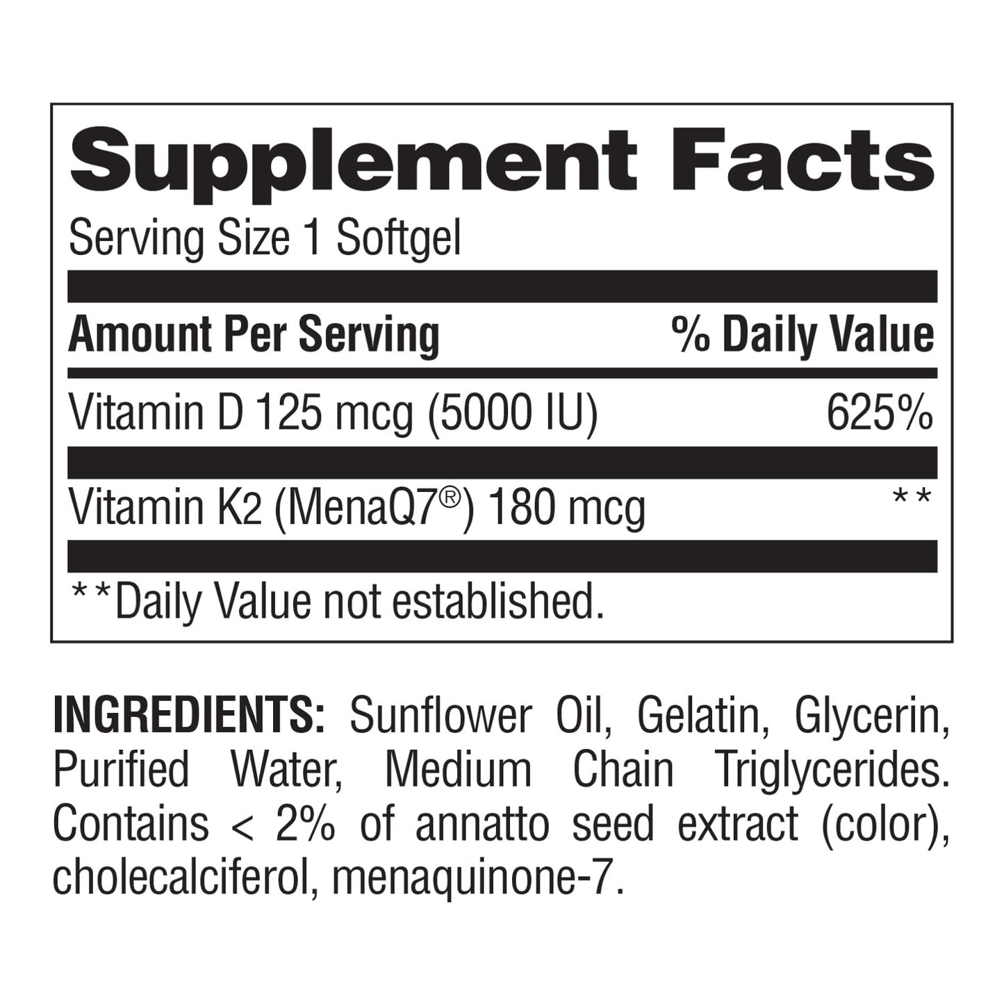 Nature's Wonder Vitamin K2 180mcg + D3 5000 IU with MenaQ7 Softgels, 120 Softgels