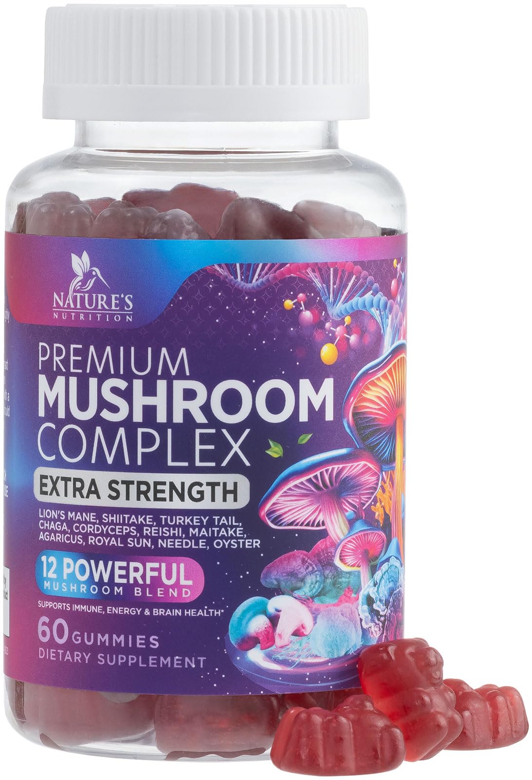 Nature's Nutrition Mushroom Gummies 12 in 1 Complex - Lions Mane, Reishi, Cordyceps & Chaga, Memory & Immune Support, Nootropic Brain Supplements, 60 Count