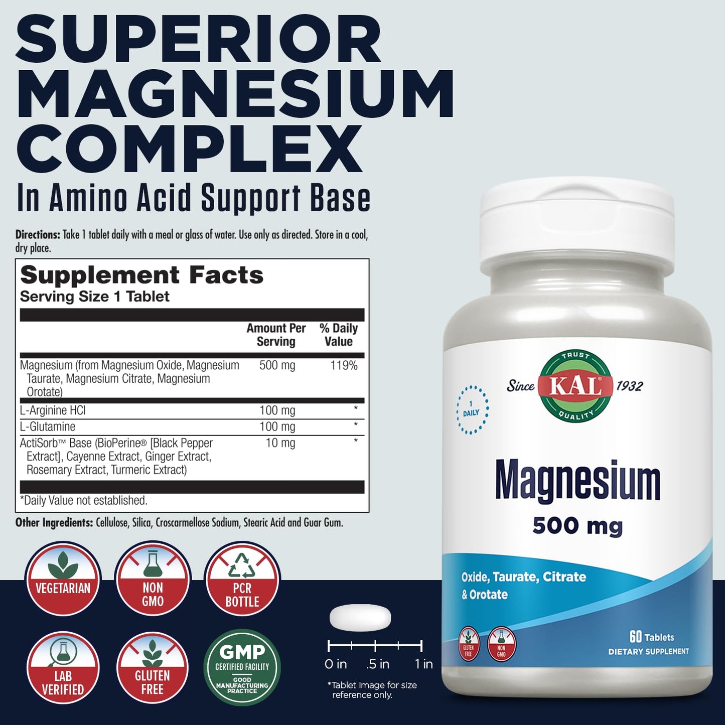 KAL Magnesium Tablets for Men & Women, Non-GMO, Vegetarian - 60 Tablets