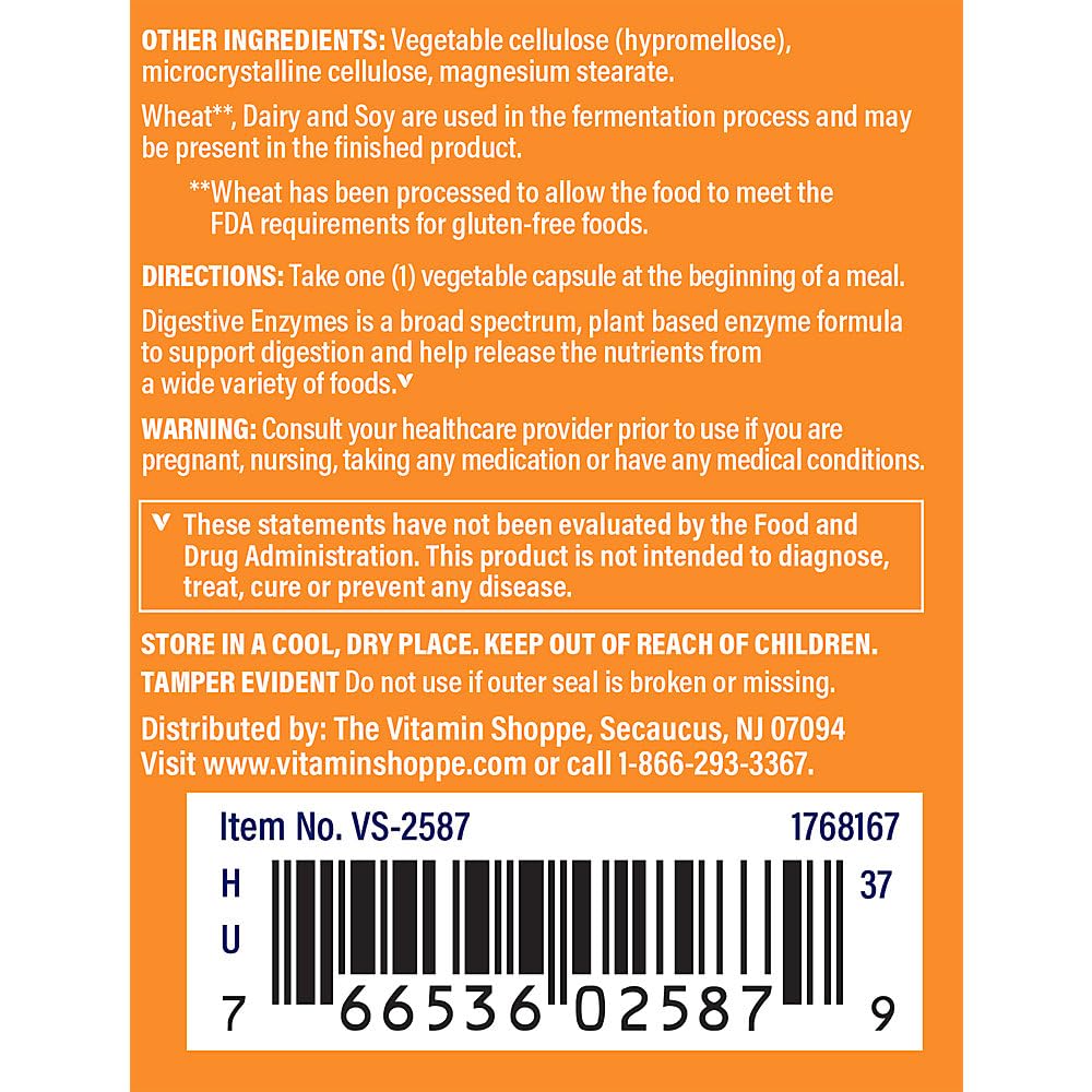 The Vitamin Shoppe Digestive Enzymes - Complete Digestive Support & Bloating Relief | Plant-Based Multi-Enzyme Vegetarian Capsules 90 Count