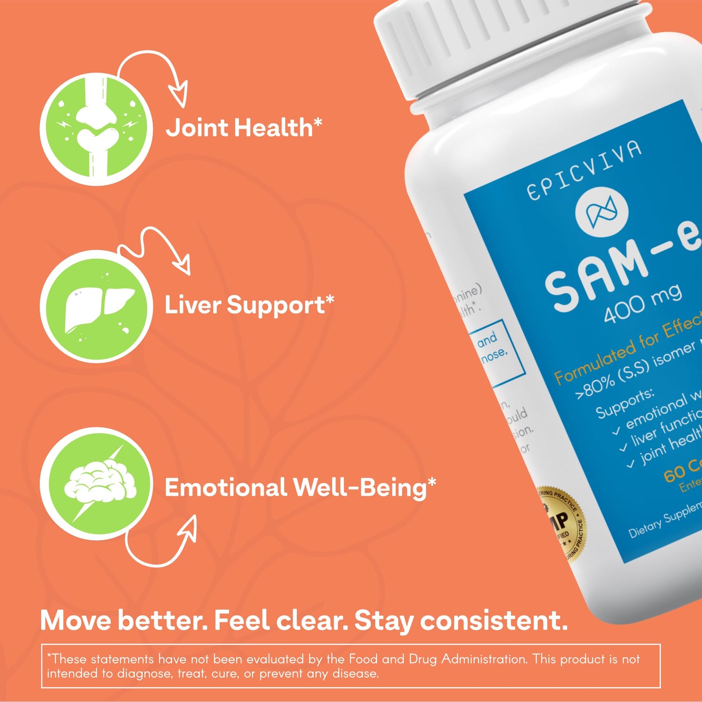 EPICVIVA SAMe 400 mg Capsule, >80% Active S,S Form, Supports Mood, Joints & Liver, 60 Count
