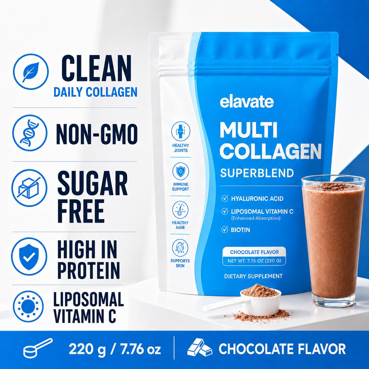 elavate Elevate Collagen for Women – Collagen Peptides Powder for Women – Skin, Hair, Nails & Joint Support – Multi Collagen Powder with Hyaluronic Acid, Biotin & Vitamin C – Non-GMO, Sugar Free, 1 Pack