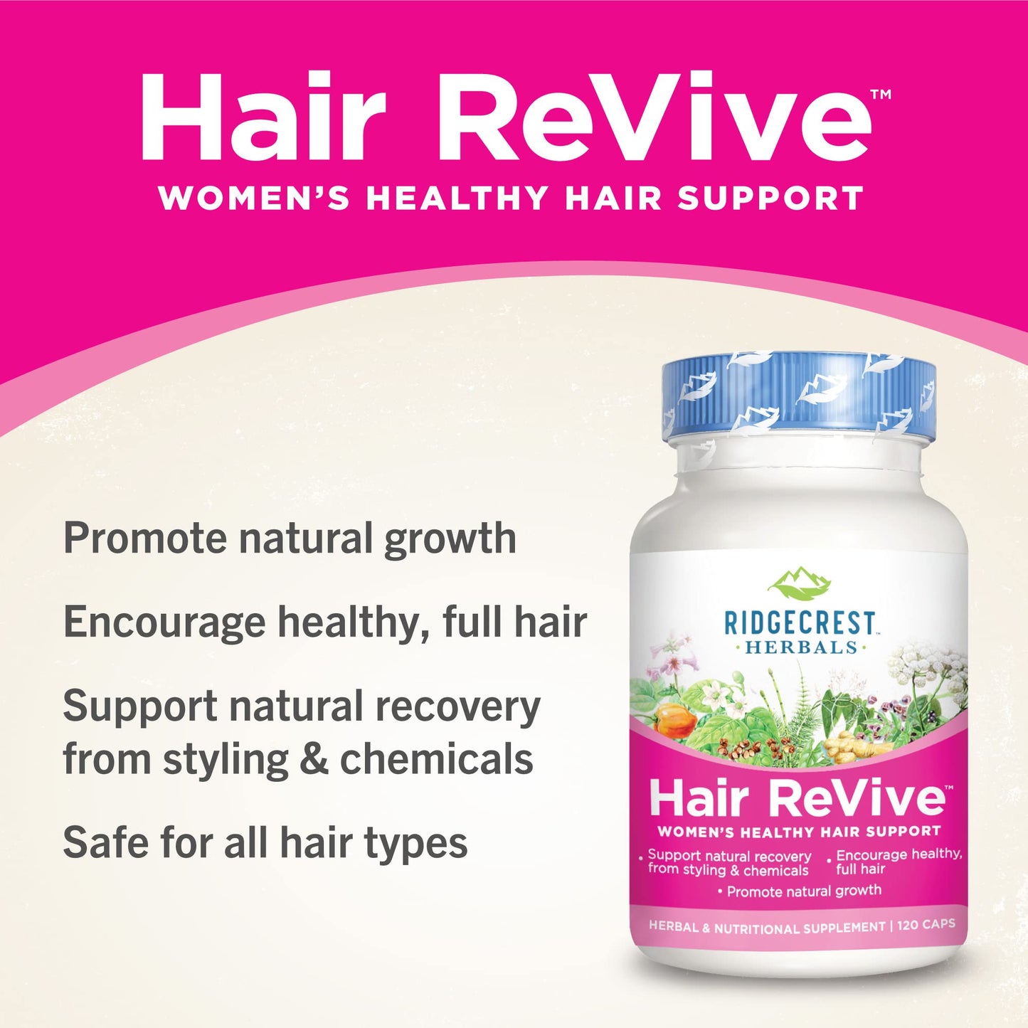 RidgeCrest Herbals Hair ReVive Nutritional Hair Supplement with Vitamin C, Biotin (6000mcg), Zinc, and Copper Capsules, 120 Count